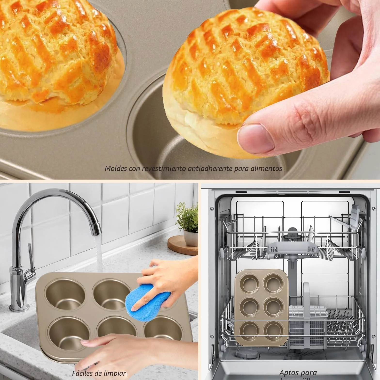KITDAHOM Juego de 2 moldes de acero para 6 magdalenas, bandeja para hornear antiadherente, ideal para magdalenas, tartas y pudín