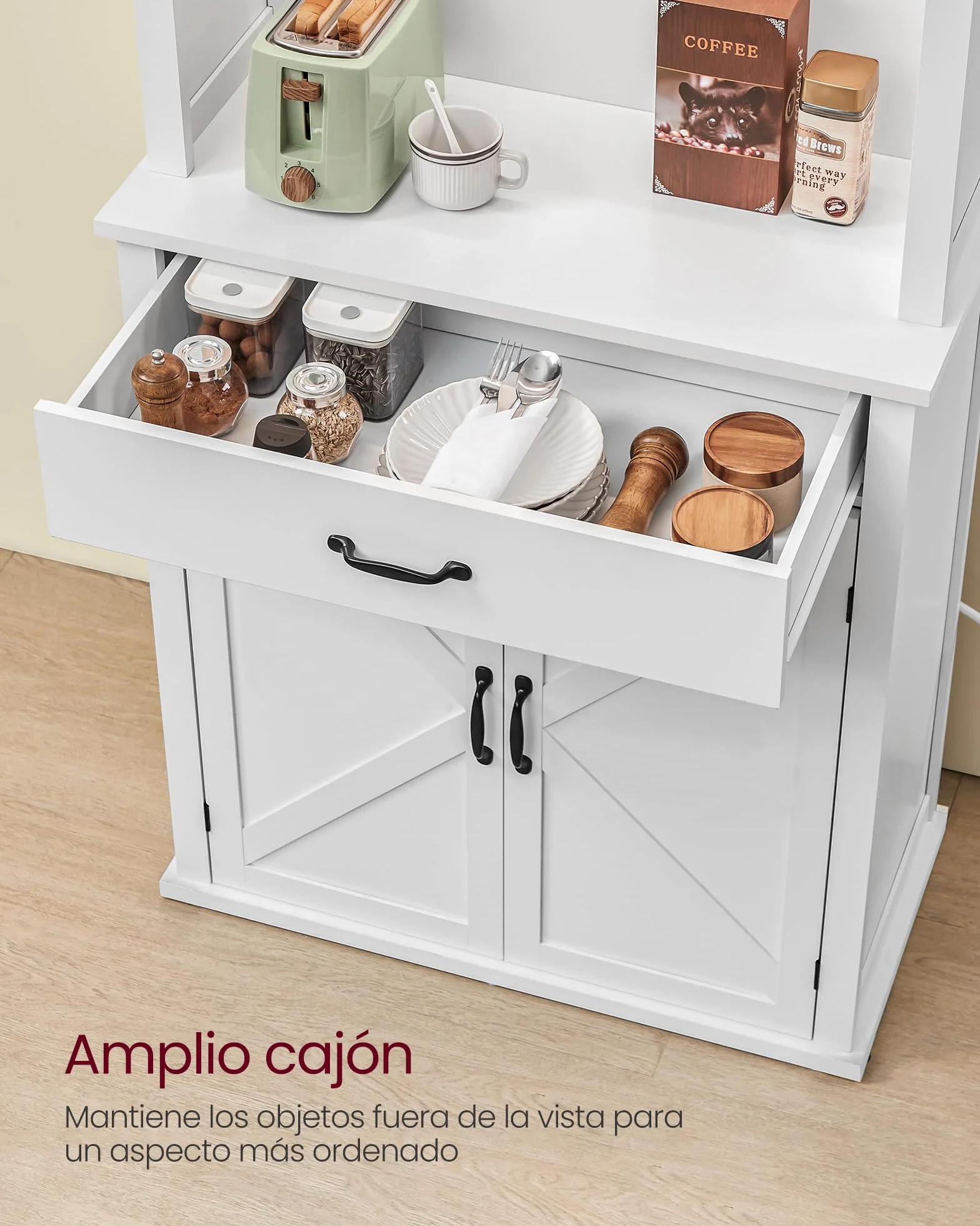 VASAGLE Armario con Luces y Cargador, Armario de Cocina, con Puertas y Cajones, 39,5 x 80,4 x 180,6 cm, Estantes Ajustables, Estilo Rústico, Blanco Nube BBK363W21