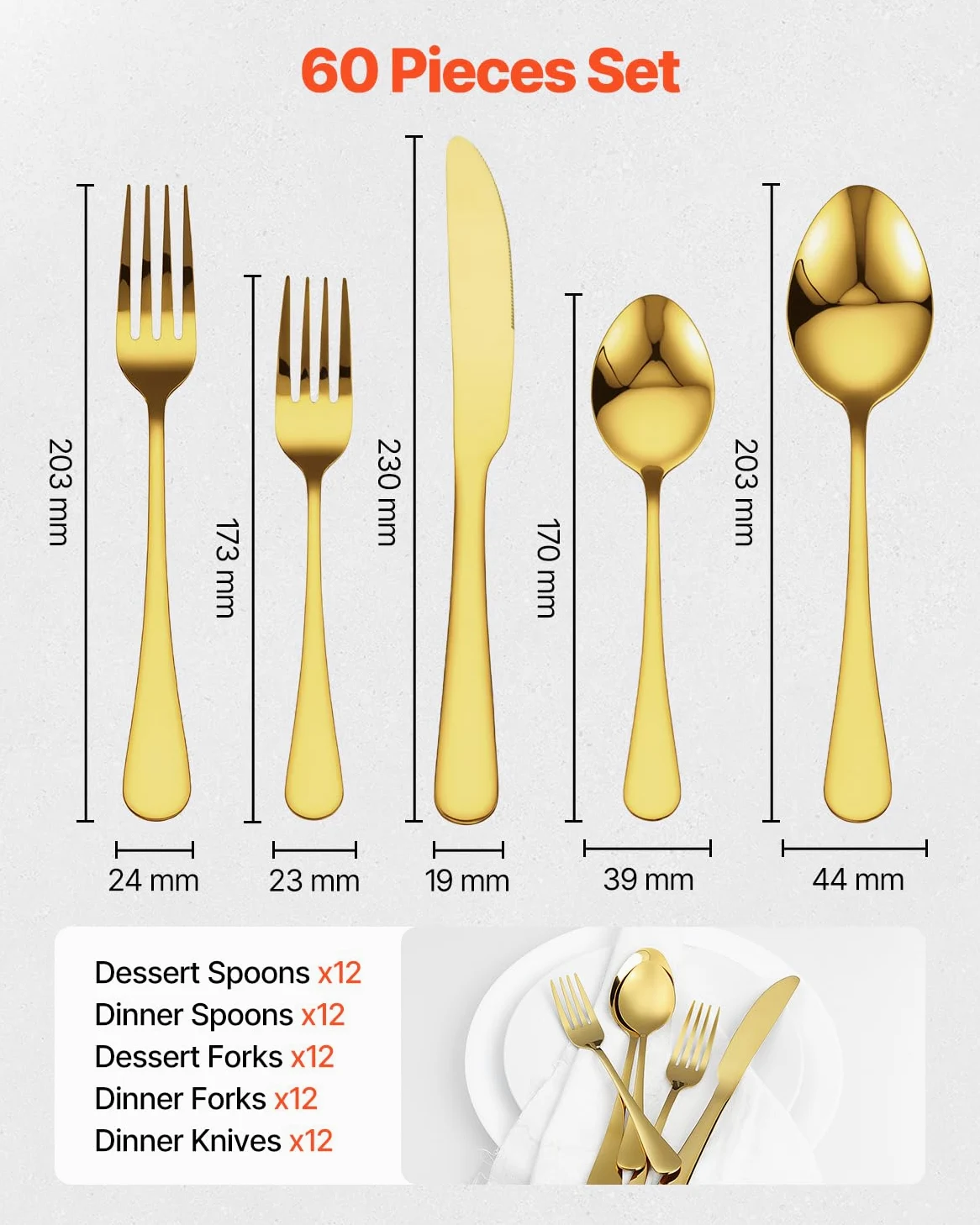 VEVOR Juego de Cubiertos de 60 Piezas, Acero Inoxidable de Grado Alimenticio para 12 Personas, con Acabado de Espejo, para la Cocina del Hogar, Incluye Cuchillo, Tenedor y Cuchara, Color Dorado