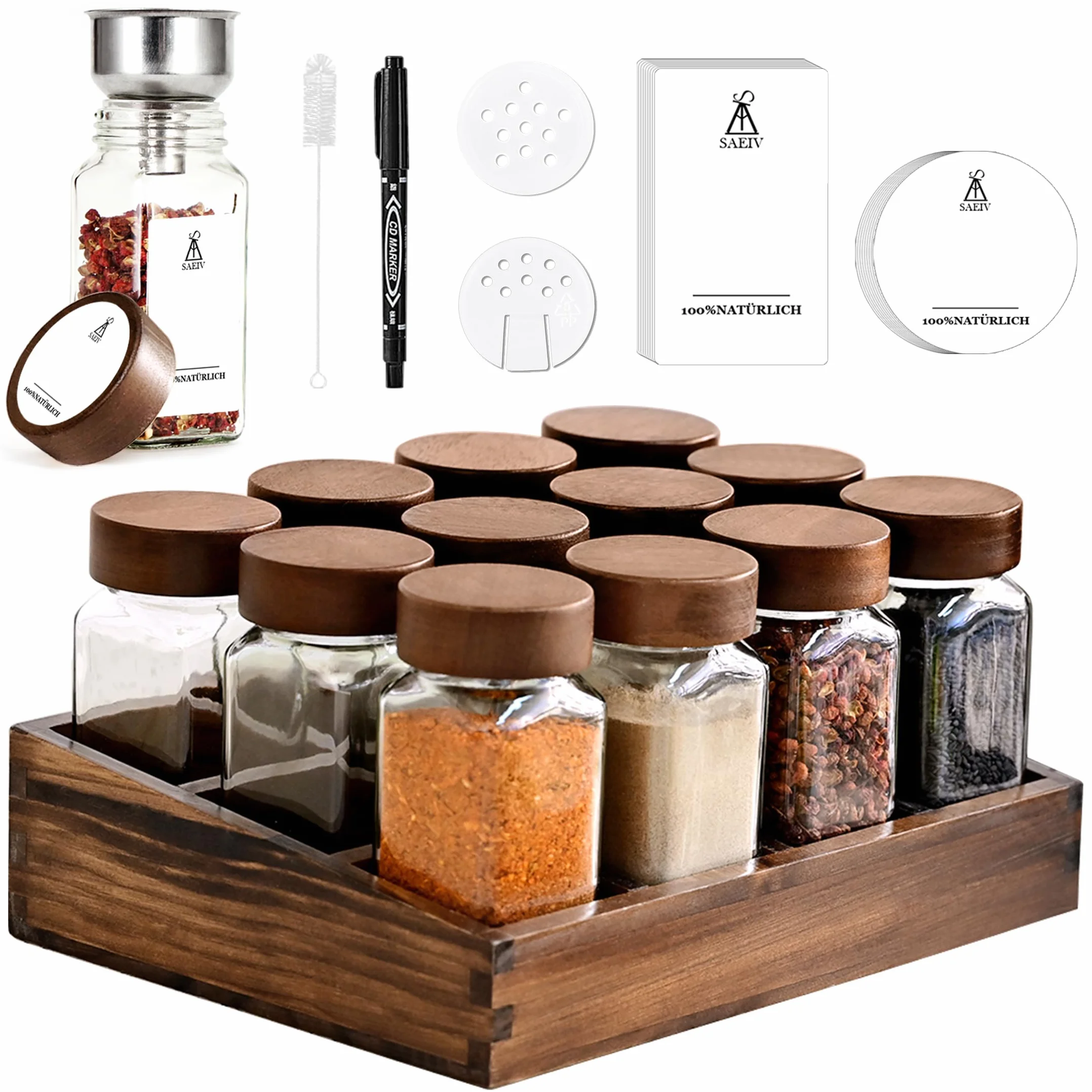 SAEIV Especiero Madera,(12 x 120 ml) Botes Especias, Elegante Organizador Cocina, Especiero Cajon, Organizador De Especias Cocina