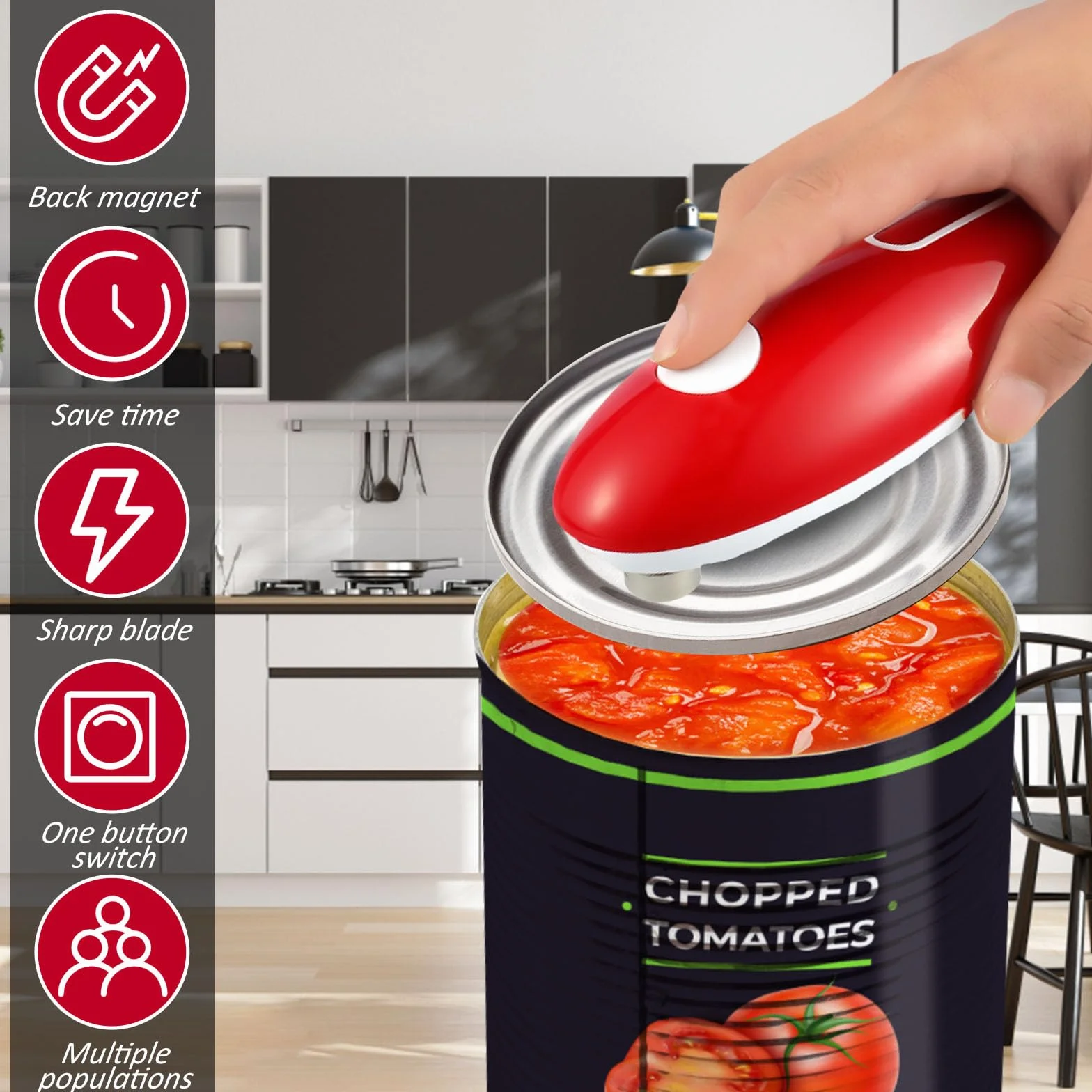 Abrelatas eléctrico, borde liso, abrelatas One Touch, portátil, inalámbrico, sin bordes afilados, para chefs, niños y personas mayores con artritis (rojo)