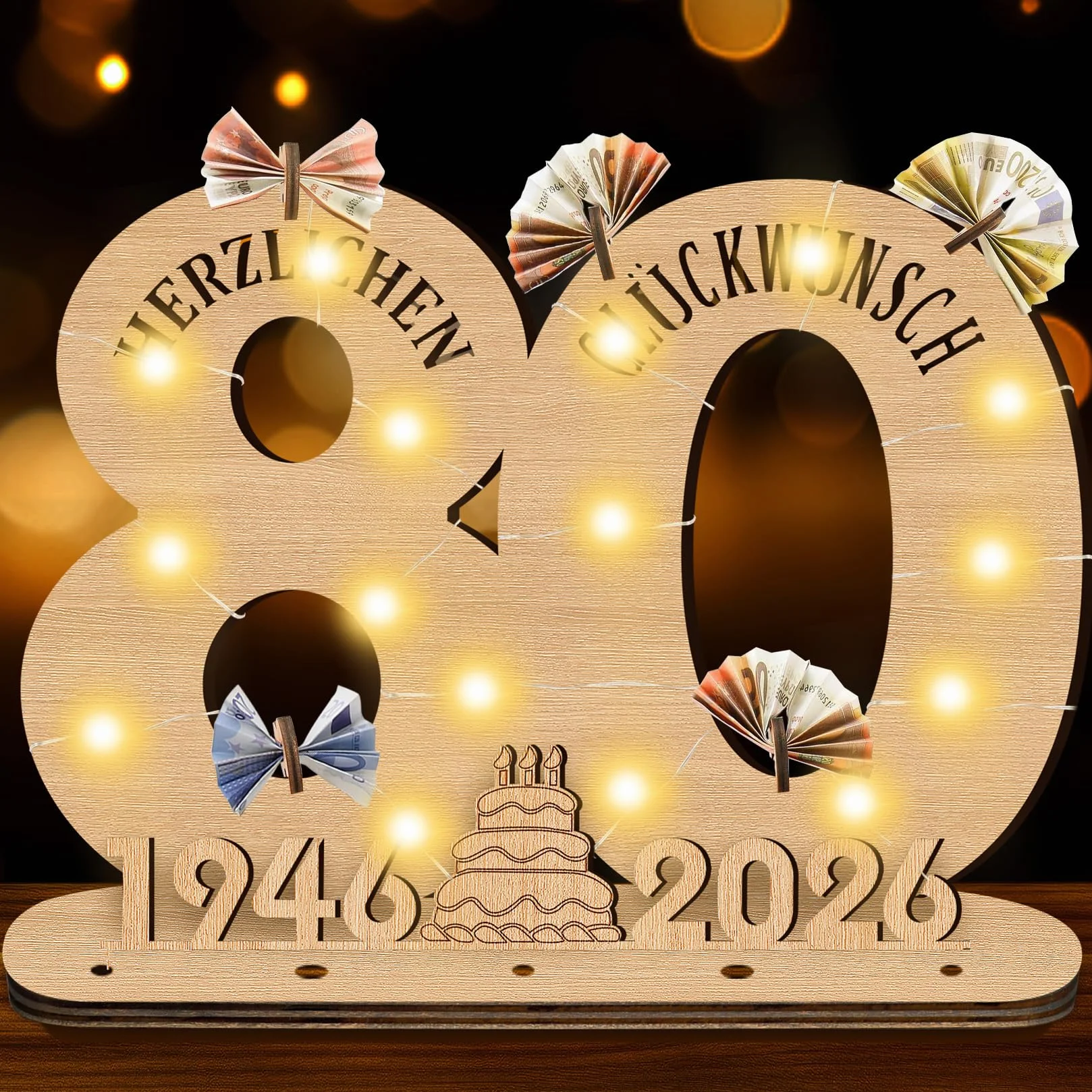 2026 80 cumpleaños decoración mujer hombre, regalos para 80 cumpleaños hombre regalos placa de madera con LED, 80 cumpleaños hombre libro de visitas regalo dinero regalos cumpleaños