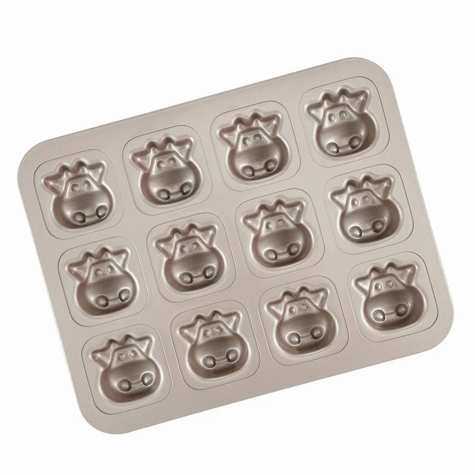 CANDeal Molde para Hornear Muffins con Forma De Buey De 12 Cavidades, Moldes Antiadherentes para Hornear Pasteles De Animales, Moldes para Pasteles De Vaca Novedosos para Hornear En El Horno