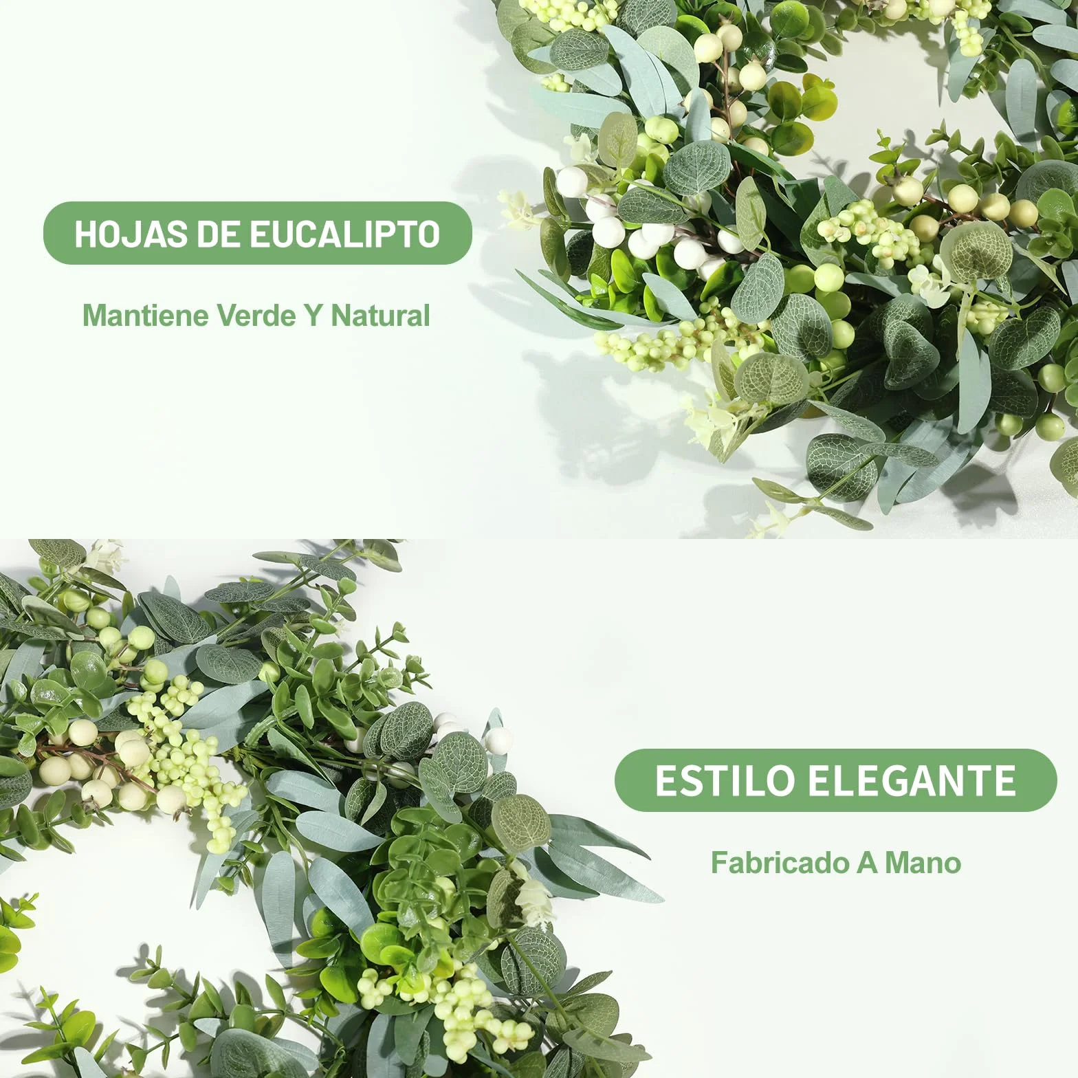 Corona de Eucalipto y Bayas de 46 cm en PE Premium – Corona de Puerta Resistente a la Intemperie para Todo el Año, Decoración para Exteriores de Entrada, Jardín y Exteriores