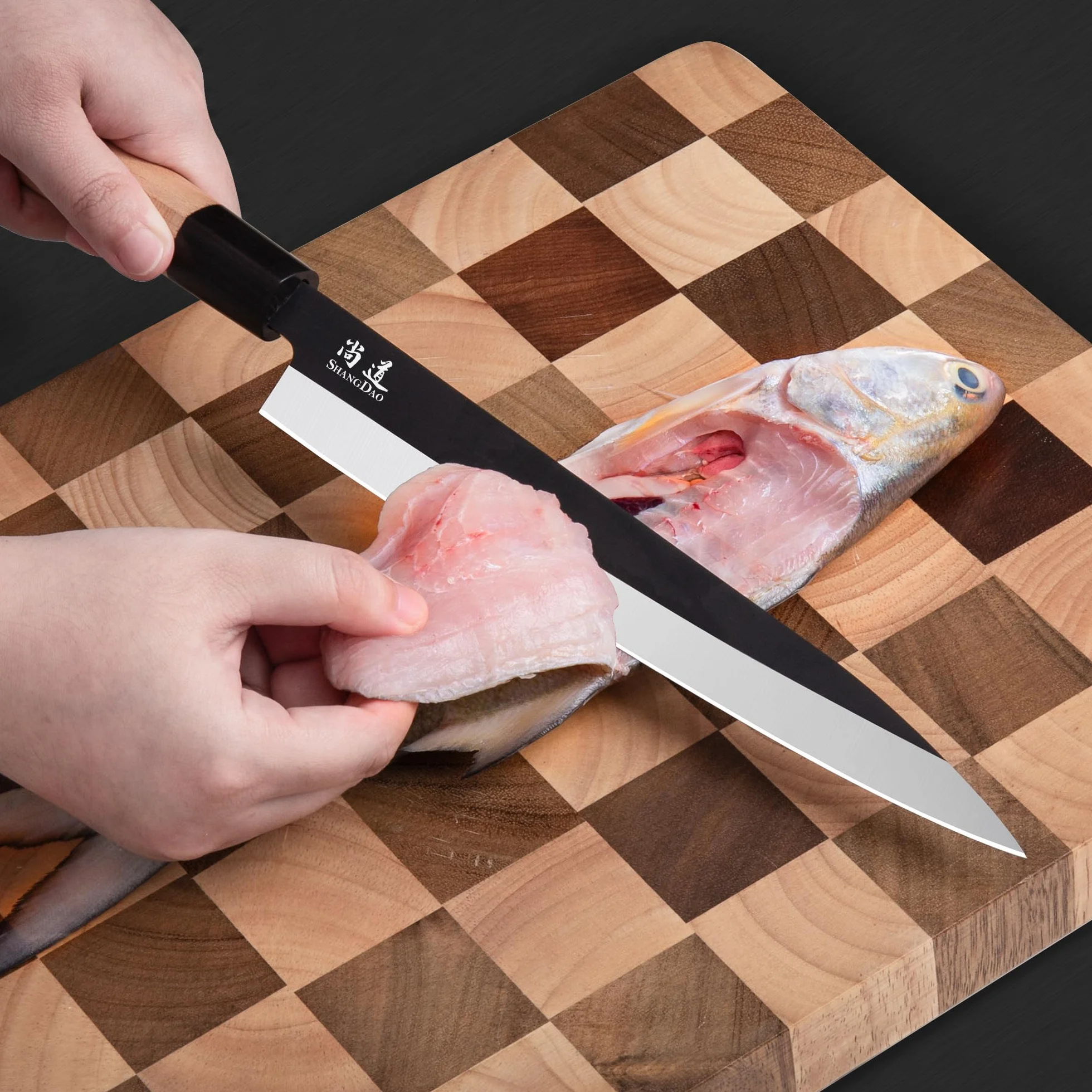 SHANGDAO Cuchillo Sashimi de sushi de 25 cm – Cuchillo de corte de carne y cuchillo Yanagiba, fileteado y corte de pescado, acero alemán y mango de madera tradicional, caja de regalo