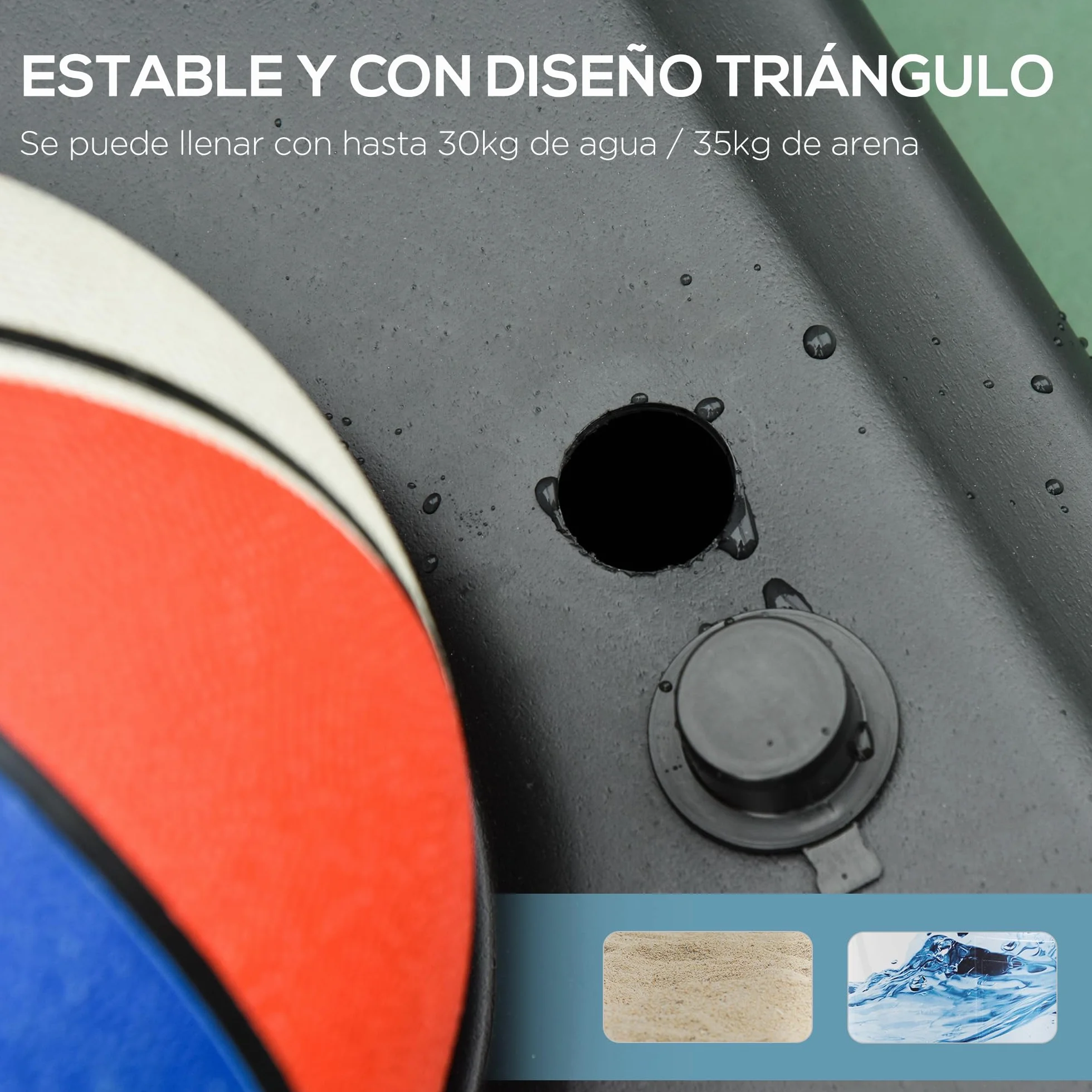 HOMCOM Canasta de Baloncesto de Pie Ajustable 194-249 cm Base Rellenable Agua 30 kg Arena 35 kg Ruedas Transporte Multicolor