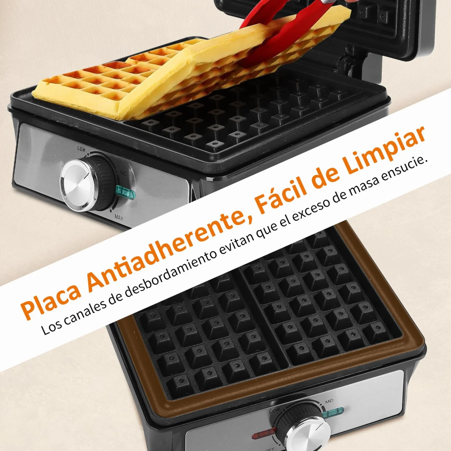 Aigostar Gofrera para 2 Gofres 1600W, Placas Hondas Antiadherentes, 20,2x17,2x2 cm, Temperatura Regulable e Indicador LED, Diseño Compacto, Libre de BPA, Acero Inoxidable y Negro, Savory