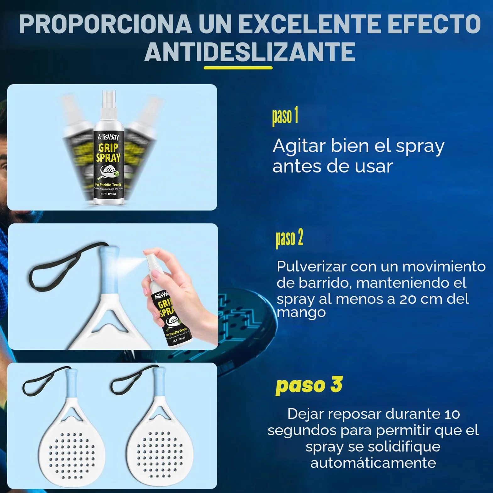 Spray Antideslizante para Padel, Grip, Mejora Agarre, 120 ml