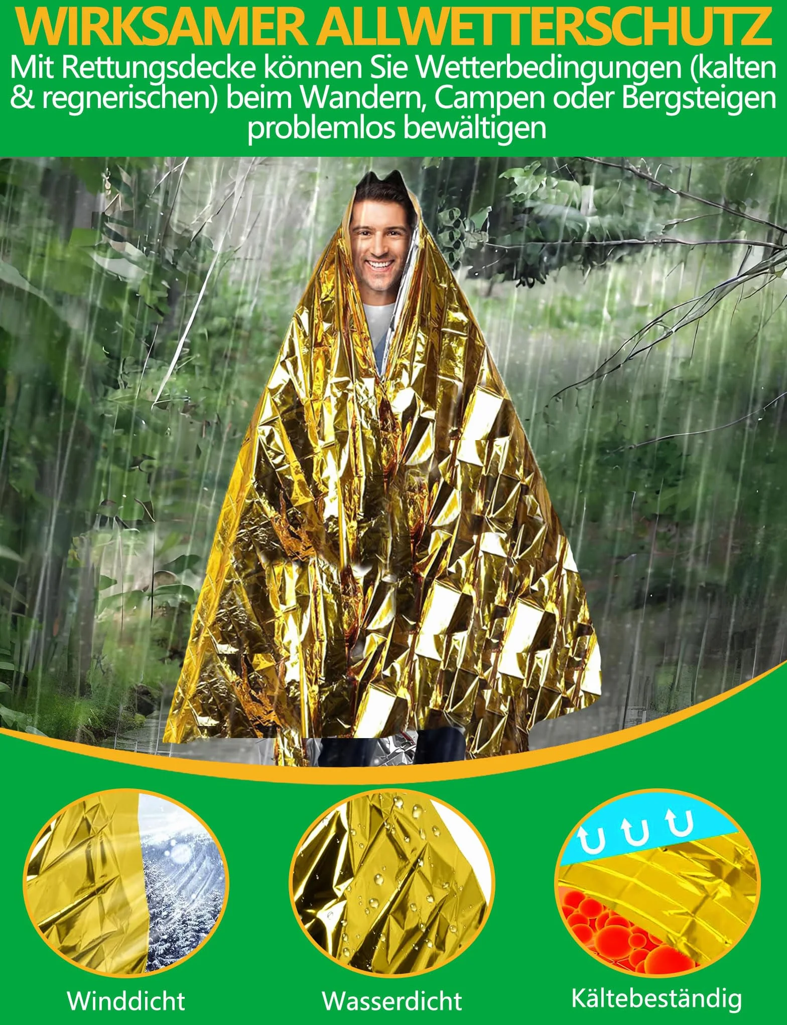 Manta Térmica Supervivencia 4 Piezas, 160 x 210cm, Oro Plata