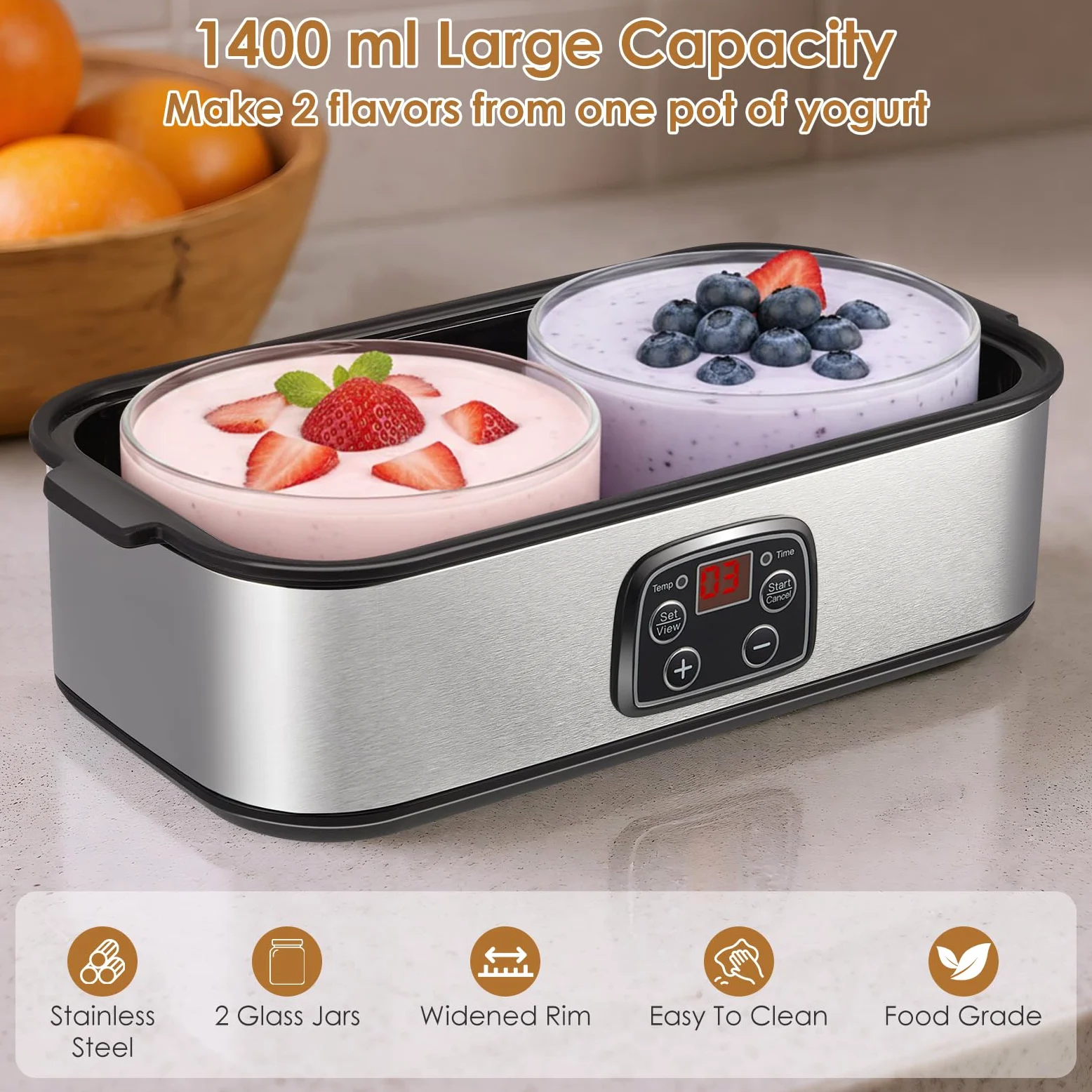 Yogurtera con pantalla LED y 2 recipientes de cristal de 1000 ml, con temperatura ajustable y temporizador, para yogurt, queso, natto, postres saludables