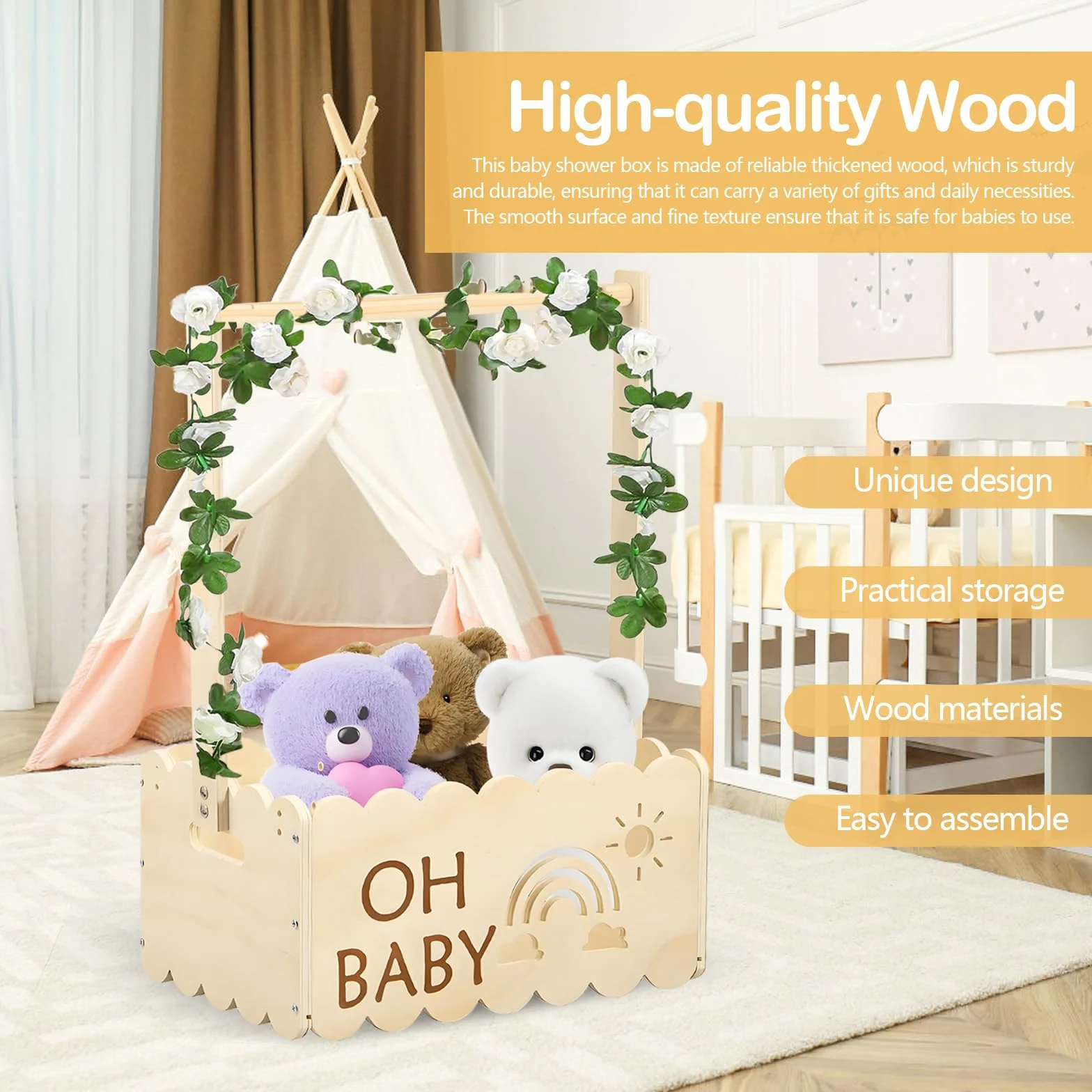 Cesta de Madera para Baby Shower con Rosa y 5 Perchas Regalo Personalizado