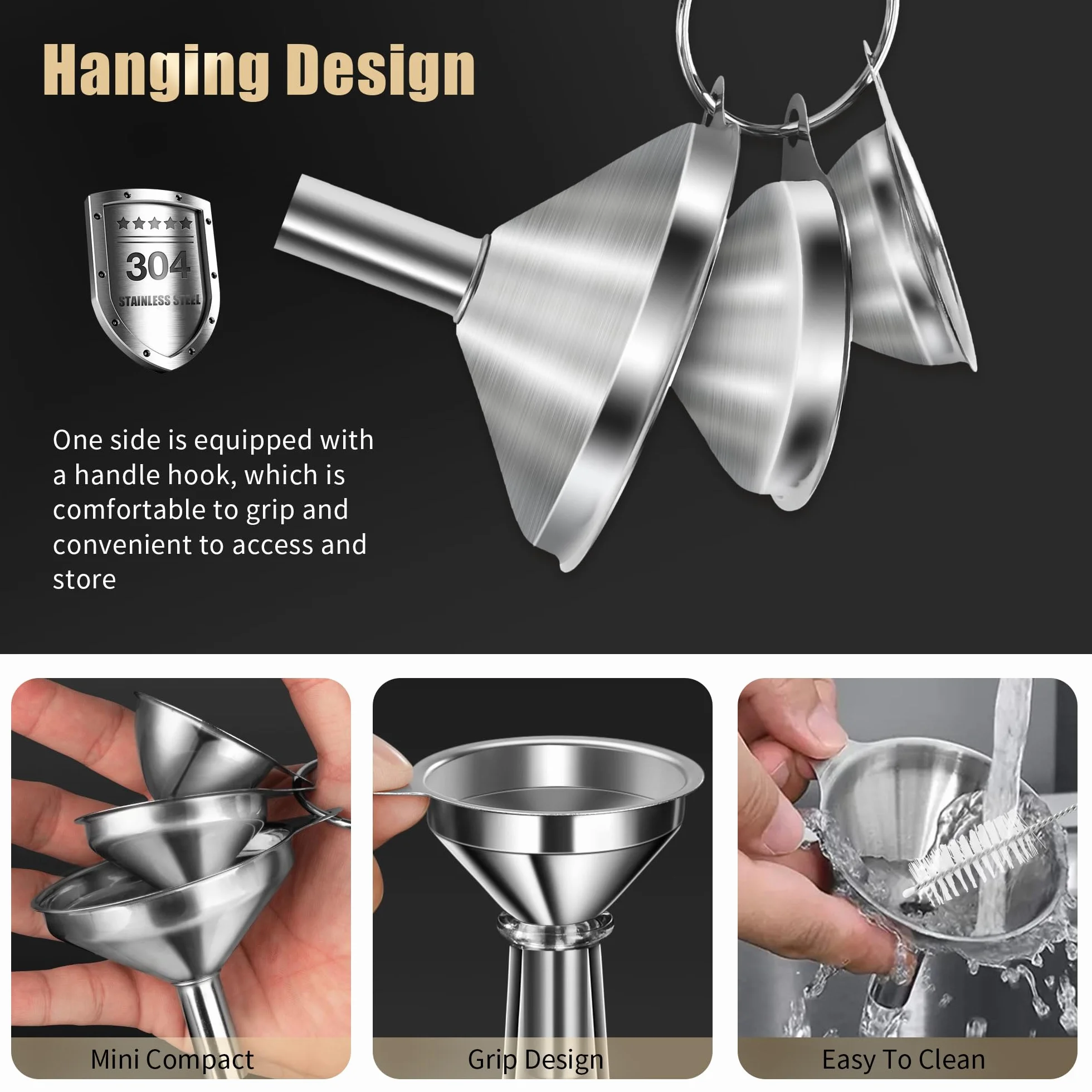 3 Piezas Embudo de Cocina en Acero Inoxidable con Cepillo de Limpieza Embudo Multiusos para Líquidos y Polvos, Diseño Antigoteo para Repostería, Bebidas o Almacenamiento