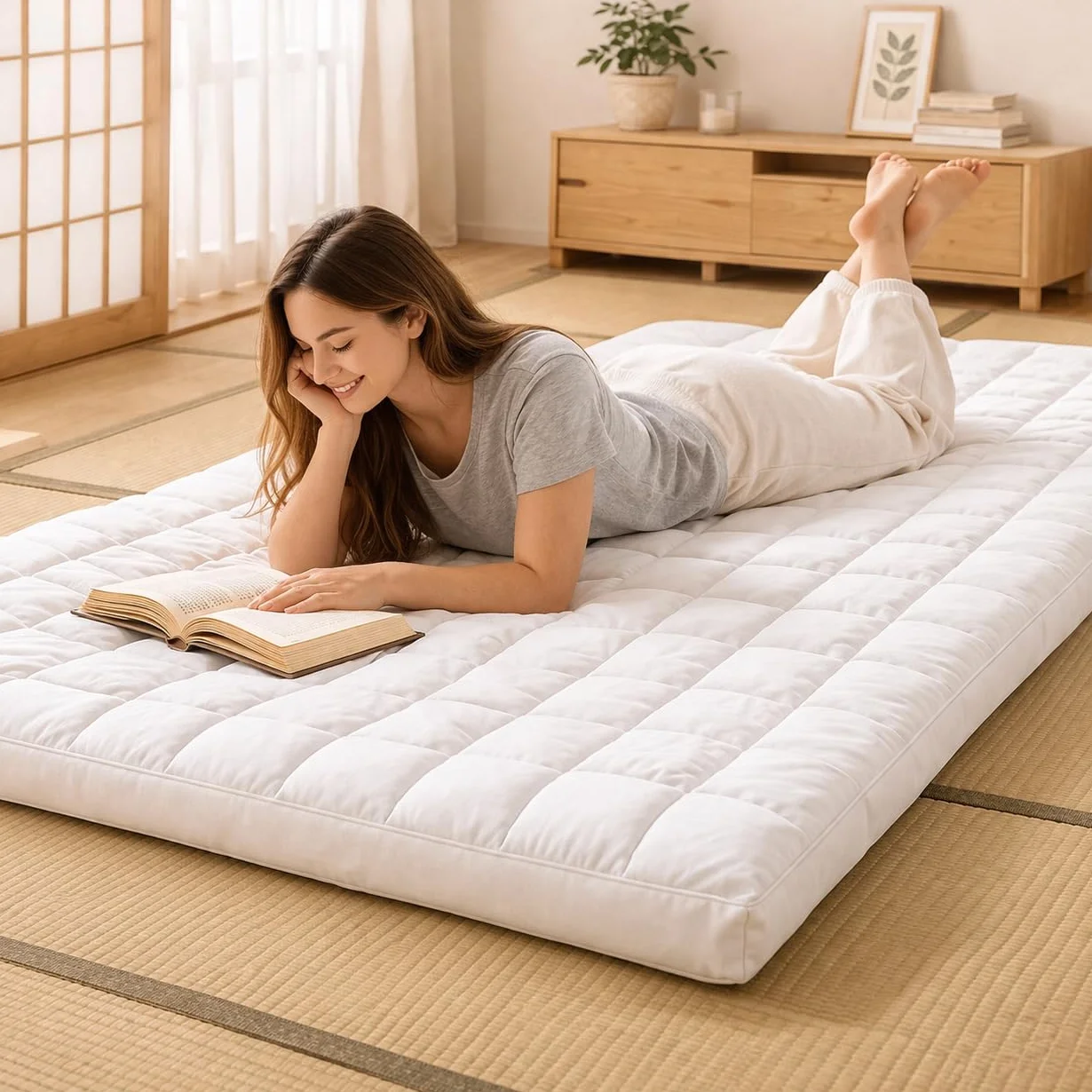 Futon Japones Tradicional (Shikibuton) - Funda del Futón 100% en Algodon - Facil de Enrollar y Guardar - Grueso, Esponjoso, Suave, Pero Muy Firme y de Apoyo (Queen 160 x 210 cm)