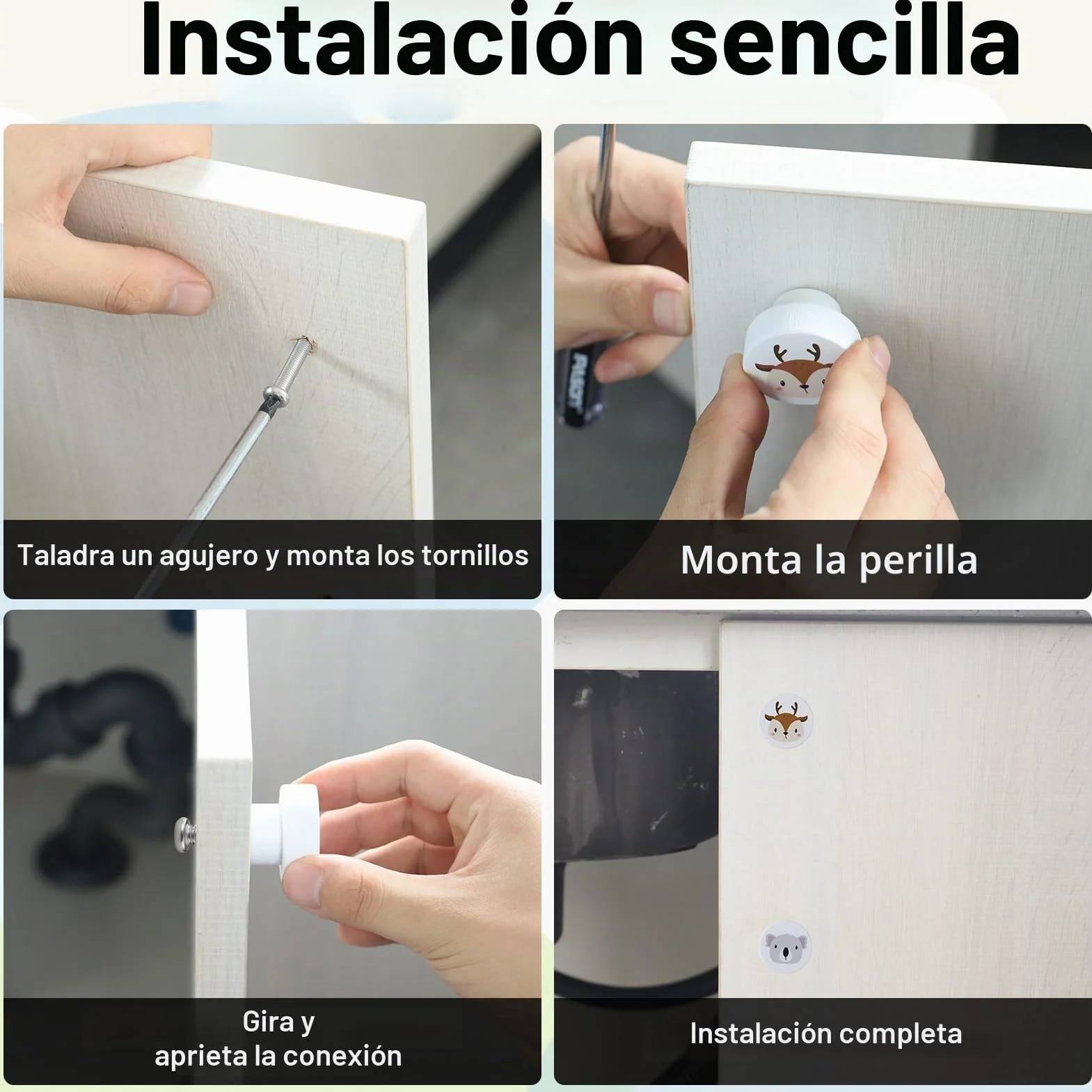 6 Piezas Pomos de madera para habitación infantil, pomos redondos con tornillos, pomo para armario infantil para Cajón de Tocador de Cocina (Patrón de Animales)