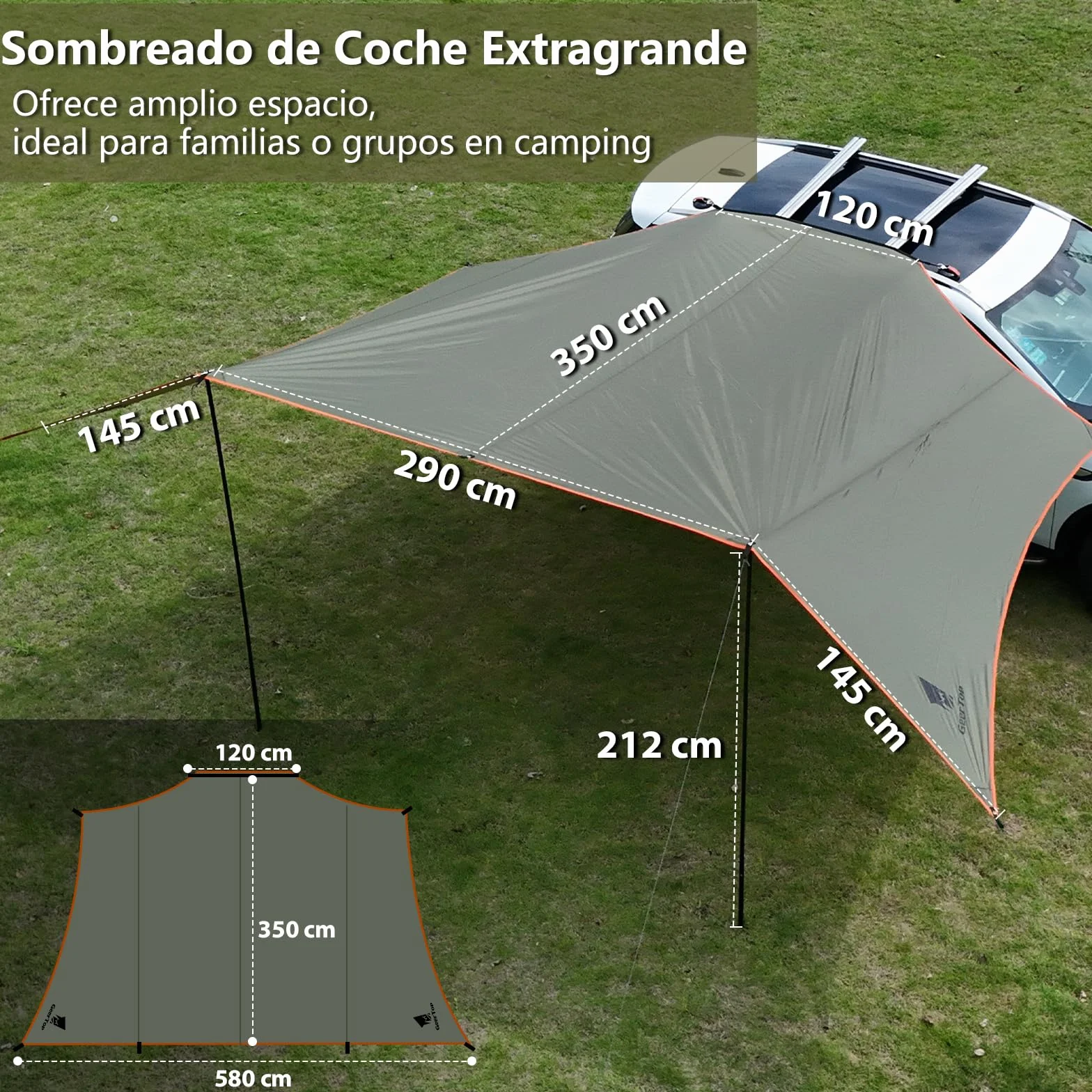 GEERTOP Toldo Lateral para Coche 3,5 x 5,8 m Impermeable 3000mm con 2 Mástiles Ajustables