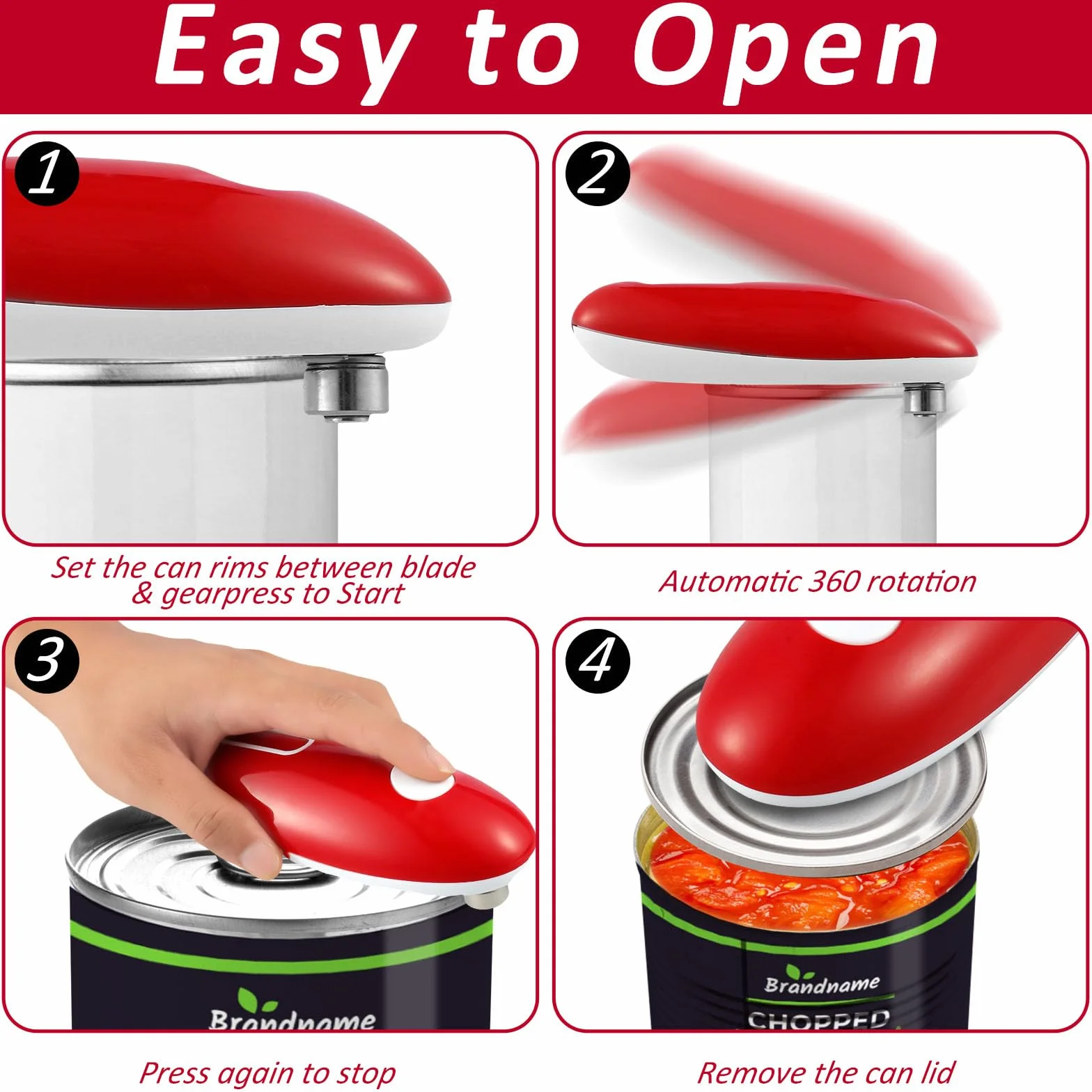 Abrelatas eléctrico, borde liso, abrelatas One Touch, portátil, inalámbrico, sin bordes afilados, para chefs, niños y personas mayores con artritis (rojo)