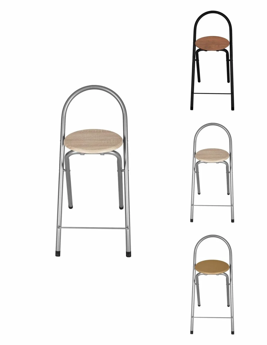 Jardin202 - Taburete Plegable 80x40x45 cm - Elegante y Duradero en Negro y Plata con Reposapiés, Ideal para Cocina | Pack 2 uds (Plata/Haya)