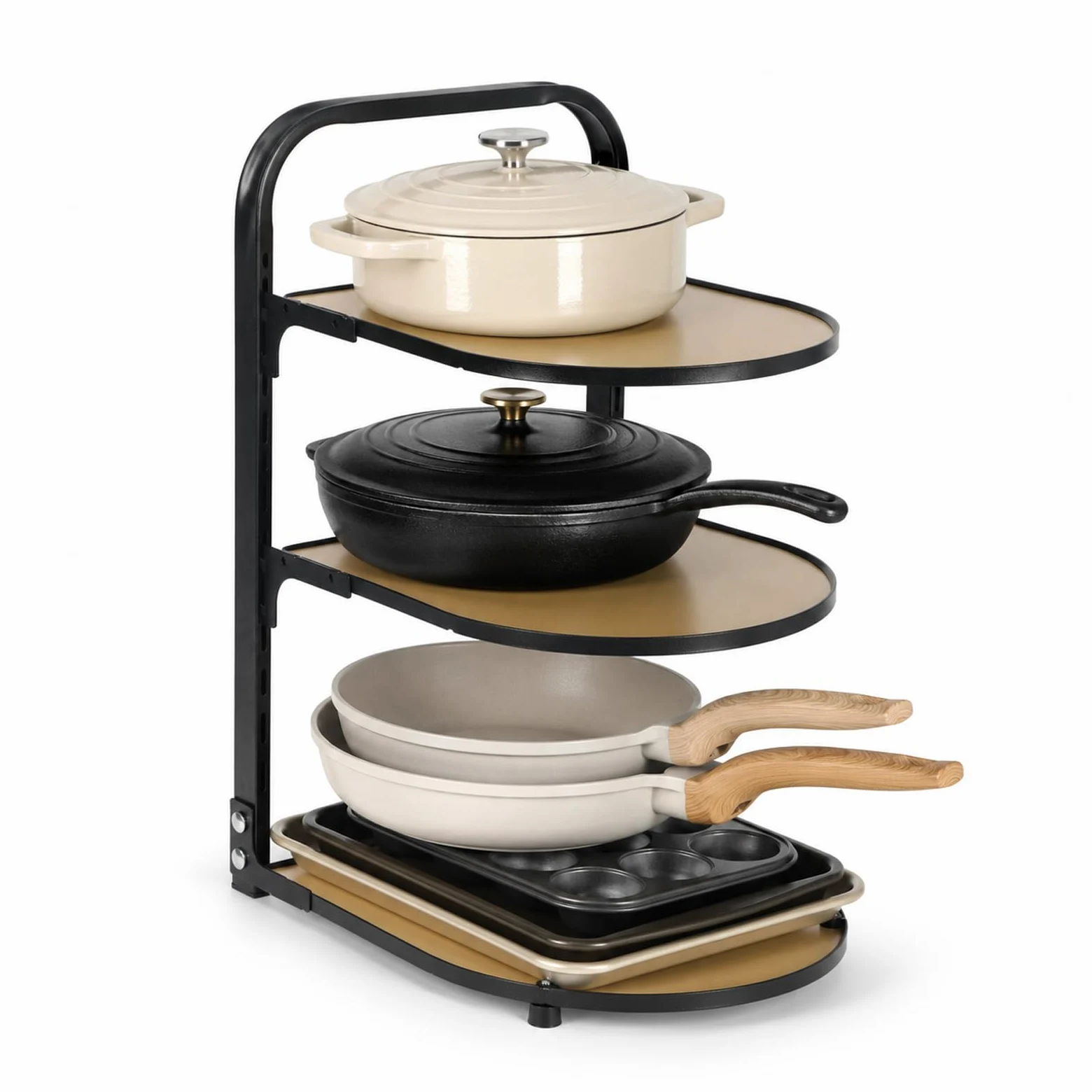 Organizador de sartenes para cocina, estante de cocina, sartén de cocina, estante de almacenamiento escalonado, estante de almacenamiento de 3 niveles ajustable para armario