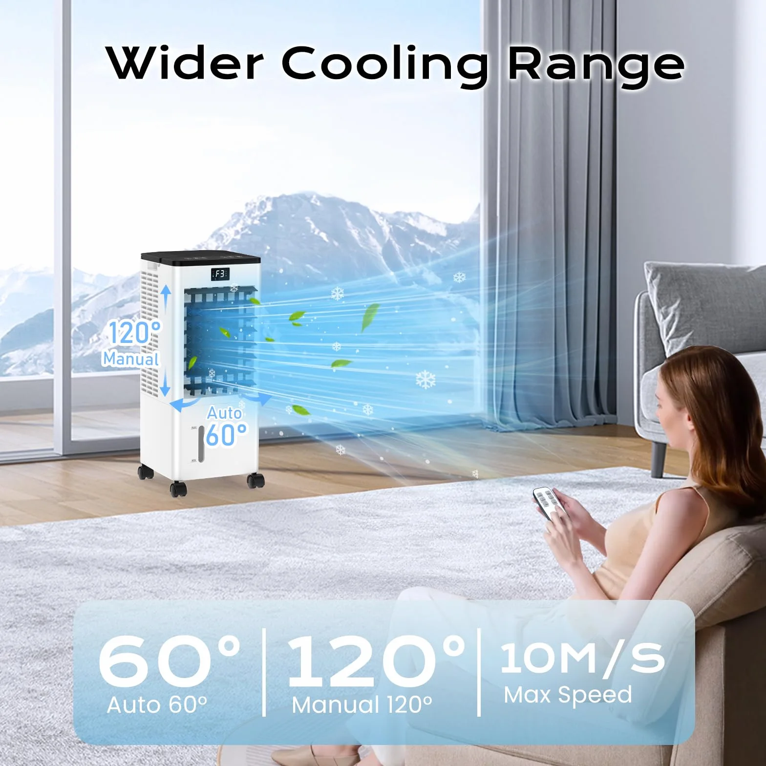 Aire Acondicionado Portátil Silencioso, Enfriador de Aire sin Tubo 4 en 1, 4 Modos 3 Velocidades, 60W Climatizador Evaporativo, Temporizadores de 1-12 H con Control Remoto, 4 Ruedas para Hogar Oficina