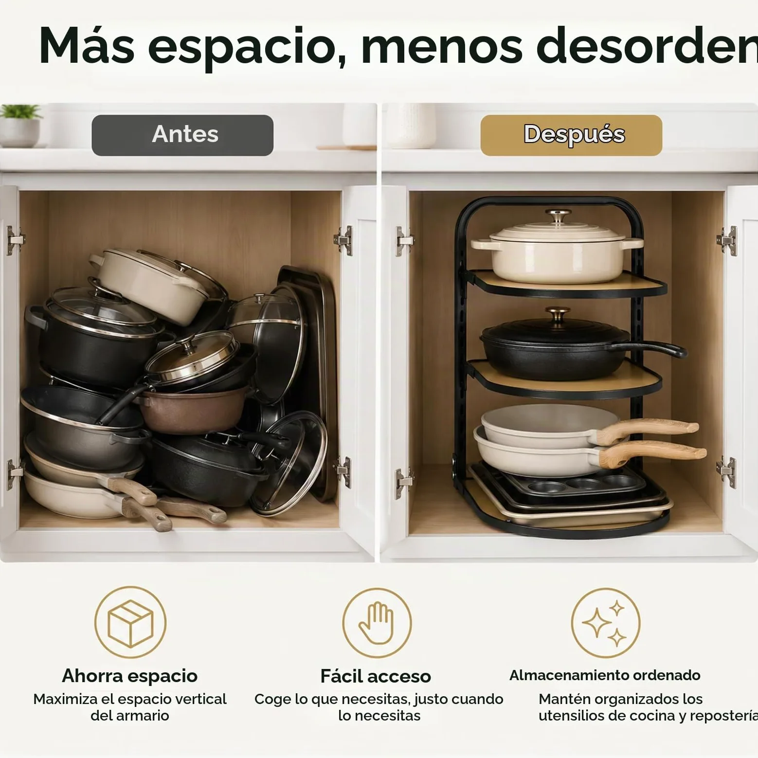 Organizador de sartenes para cocina, estante de cocina, sartén de cocina, estante de almacenamiento escalonado, estante de almacenamiento de 3 niveles ajustable para armario