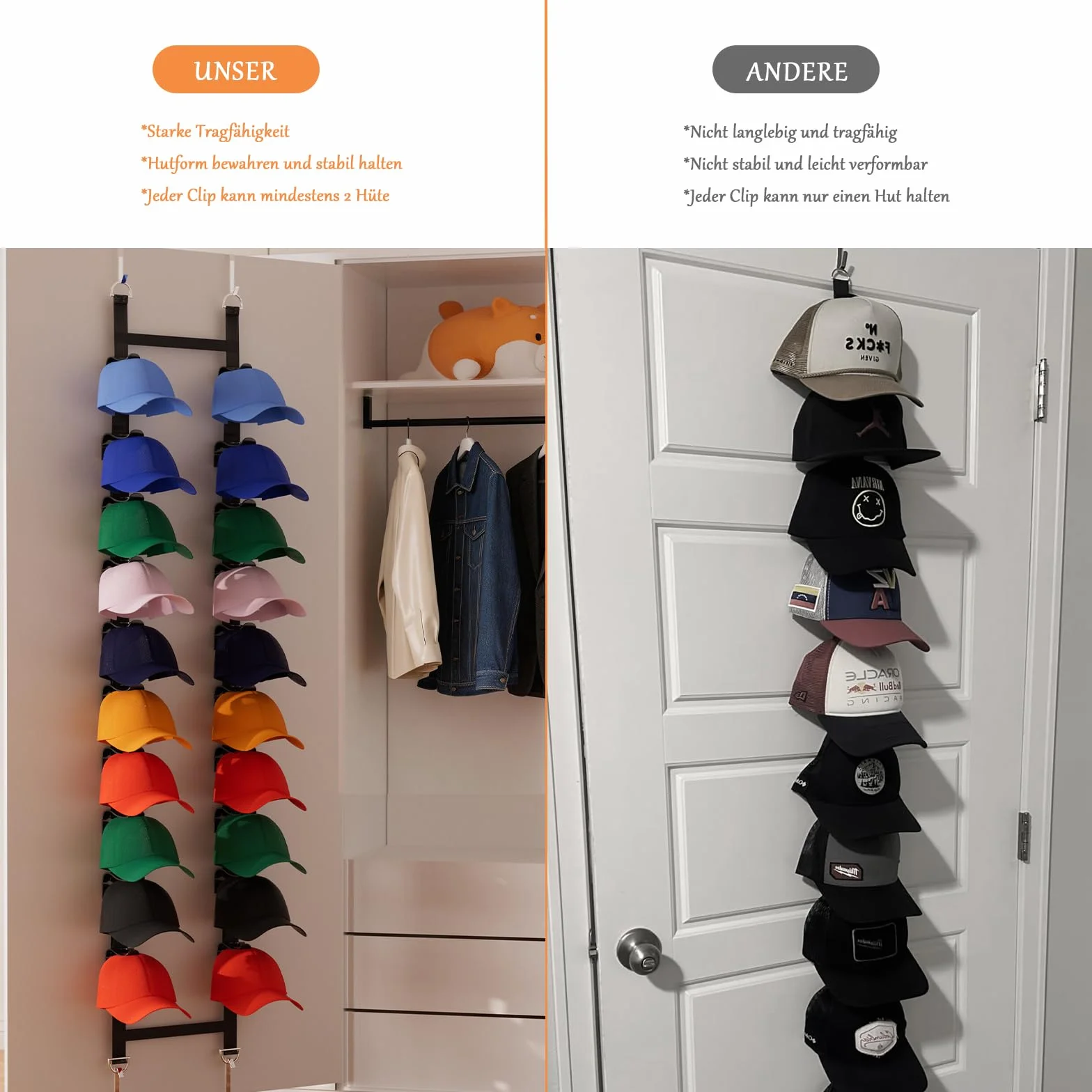 Soporte para gorras de béisbol sobre la puerta, espacio para 20 – 40 gorras, almacenamiento colgante con 2 correas ajustables (negro)