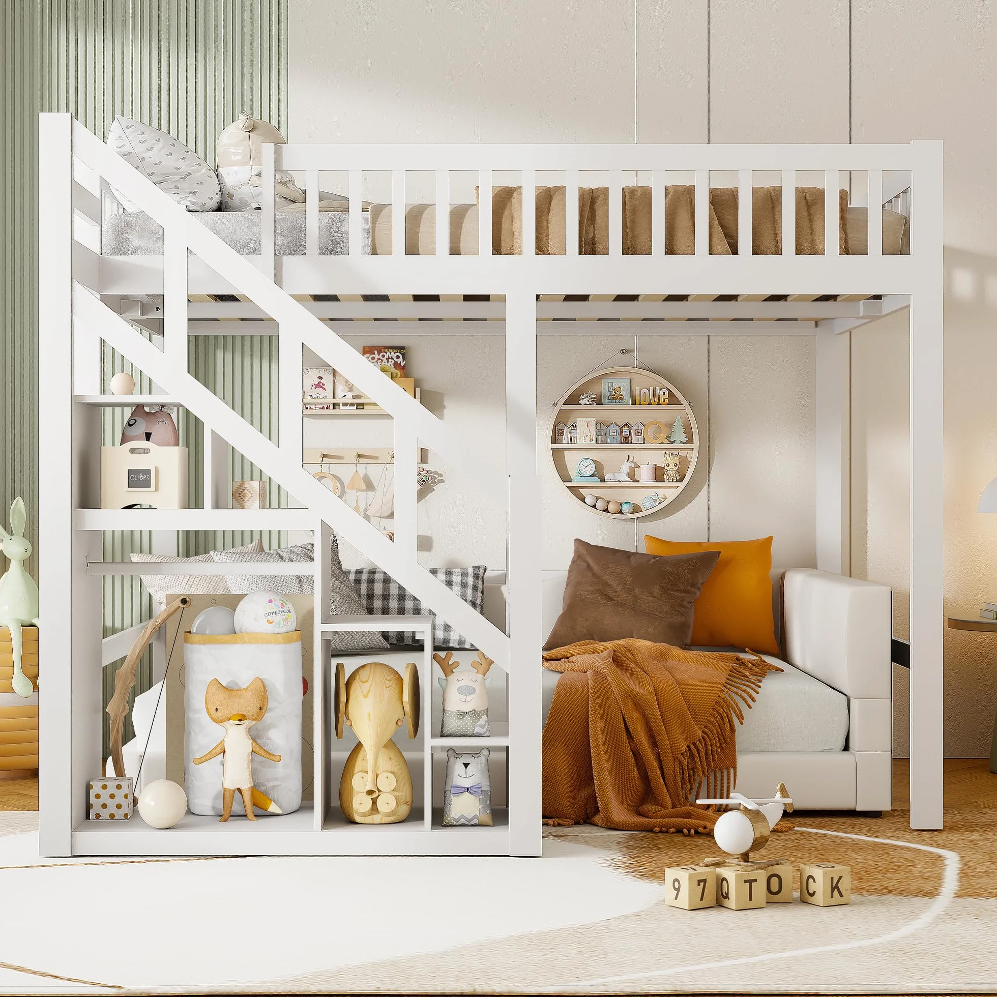 Cama Alta 140x200 cm para Niños y Adolescentes, Cama Elevada de Madera de Pino con Escalera de Almacenamiento y Barandilla de Seguridad, Estructura Juvenil Ahorro de Espacio, Blanco