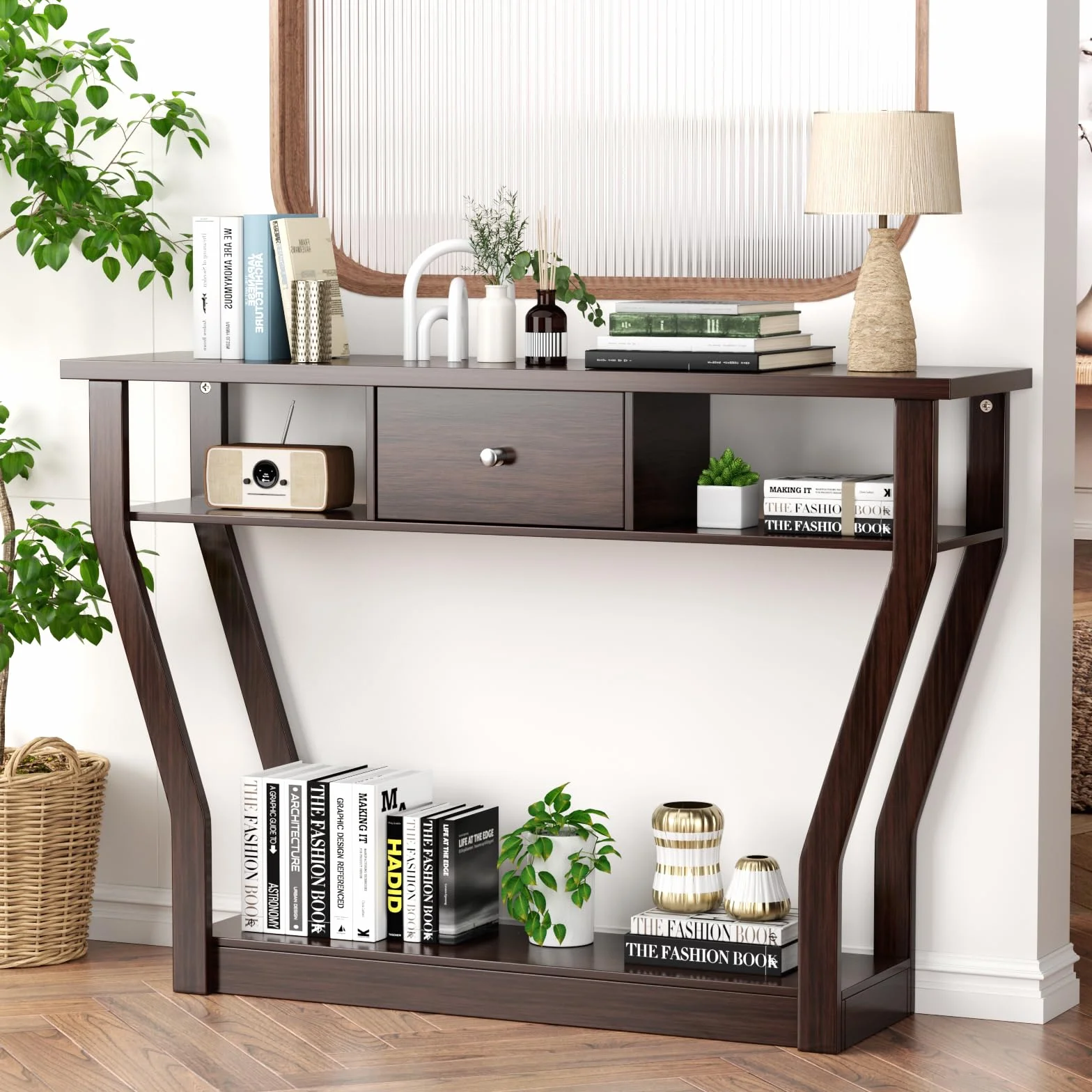 GOPLUS Mesa Consola de MDF Anti-Bascular con Cajón y 3 Estantes, Consola con Base Estable y Duradera, Mesa de Entrada para Dormitorio, Salón, 120 x 30 x 81 cm, Carga Máxima 50 kg (Marrón)