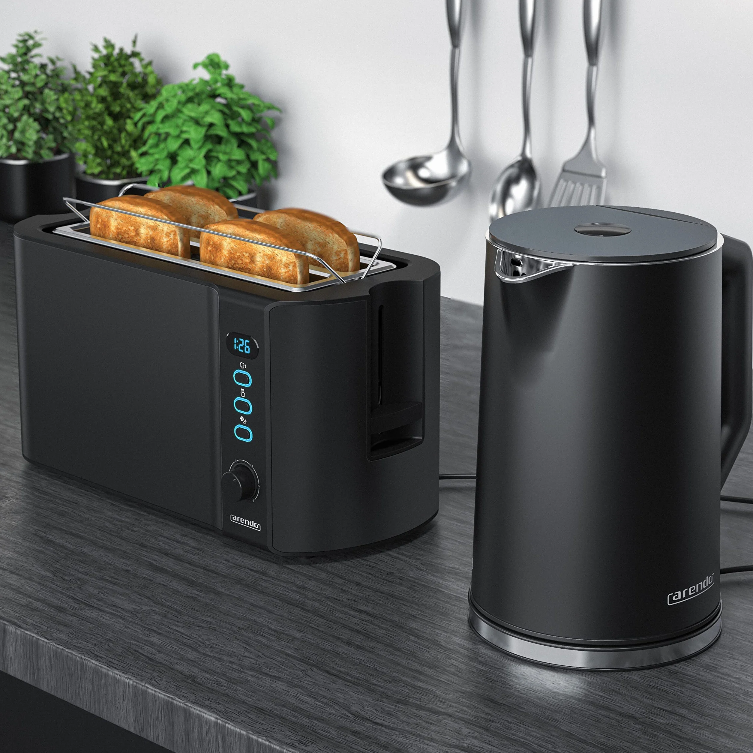 Arendo - Hervidor de agua con tostadora de acero inoxidable negro, hervidor 1,5 l, 40 °, 100 °C, función de mantenimiento caliente, tostadora, 4 rebanadas, pantalla LED, 6 niveles de bruñido