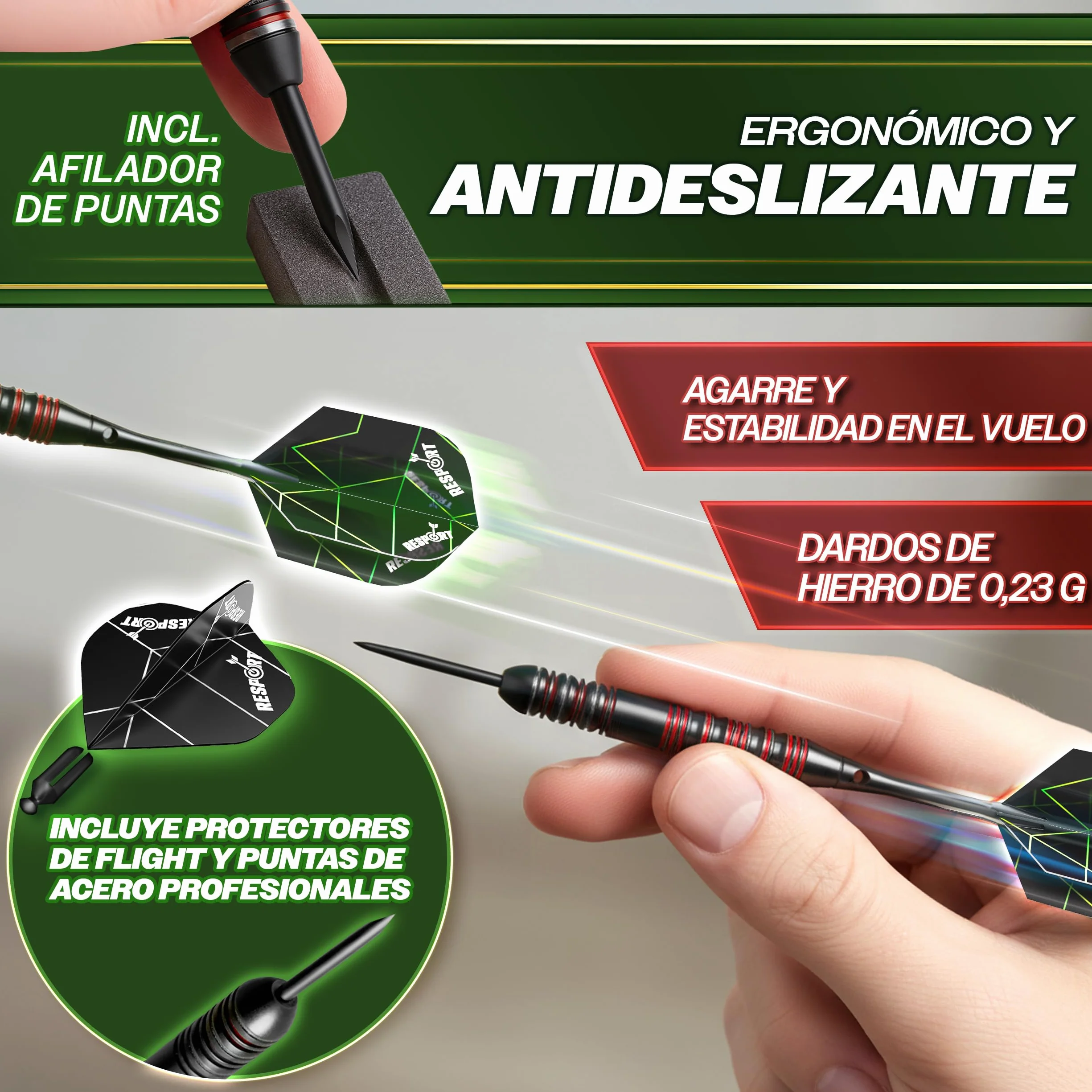 RE:SPORT Diana XXL con 9 dardos profesionales + 24 plumas Pro + accesorios dardos de acero