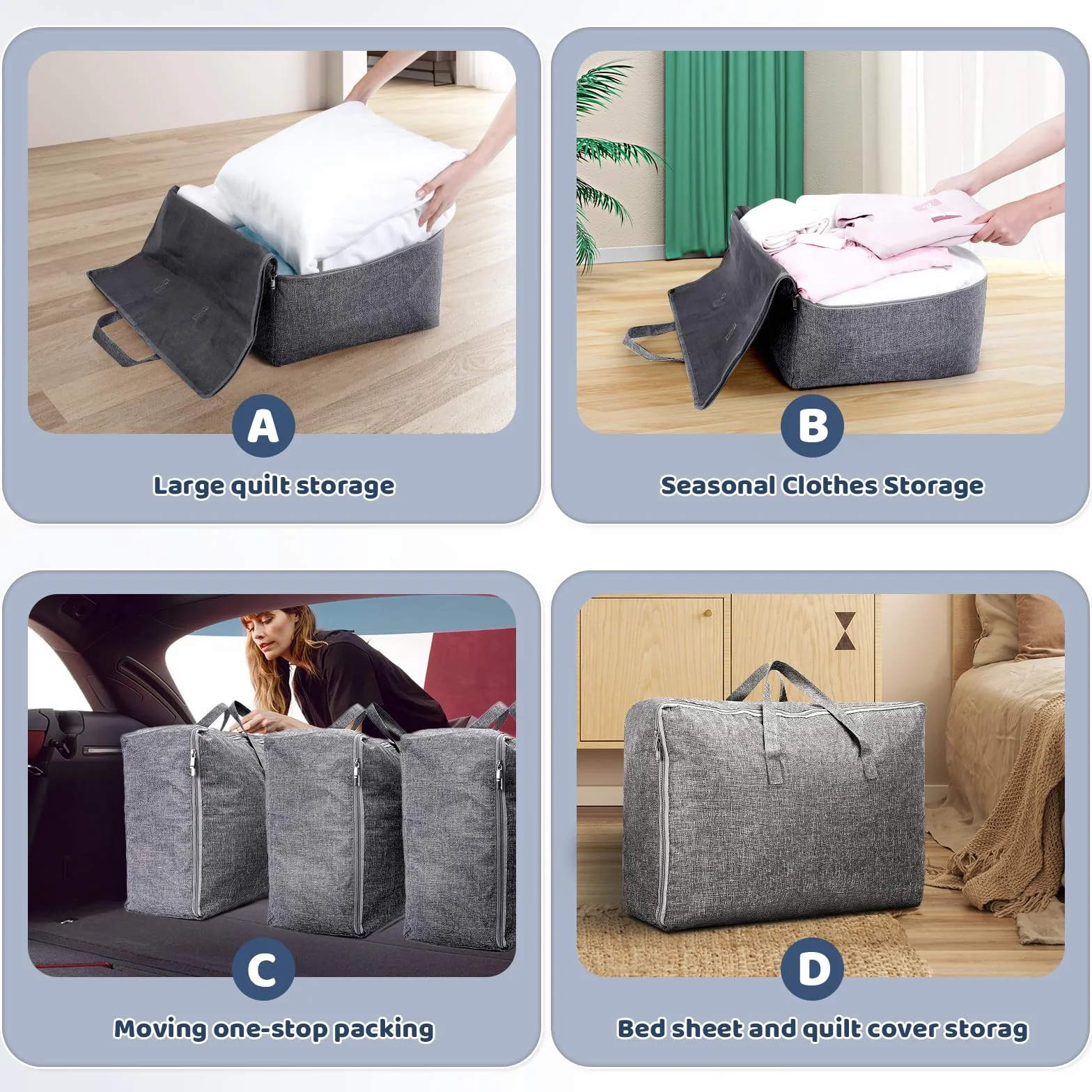 AiQInu Bolsa Almacenaje Ropa Grande 105L, Plegables Bajo Cama Bolsas para Guardar Ropa con Manillar, Impermeable Bolsa de Almacenamiento Ropa de Temporada, Edredones, Mantas, Moverse o Viajar