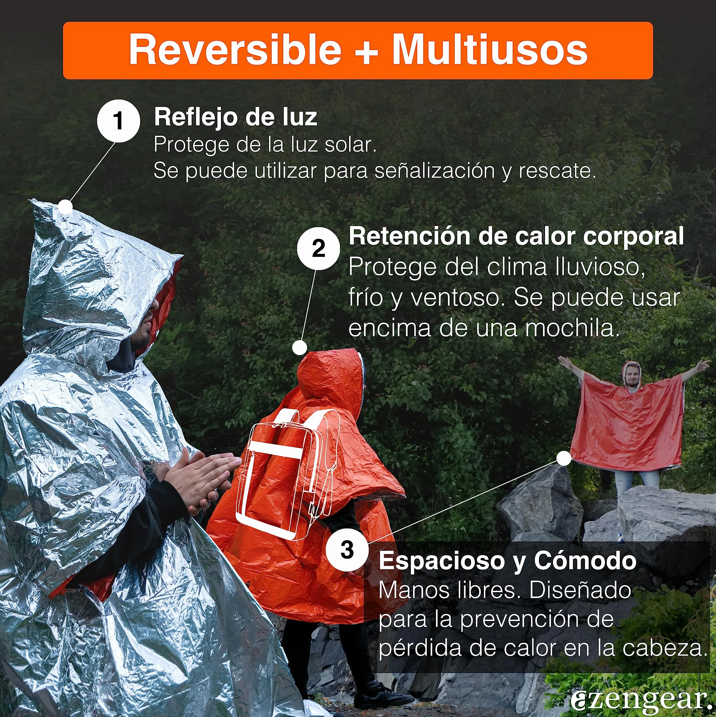 aZengear Poncho de Supervivencia 4 Piezas Manta Térmica de Emergencia Impermeable Resistente al Viento Reversible con Capucha Senderismo Naranja