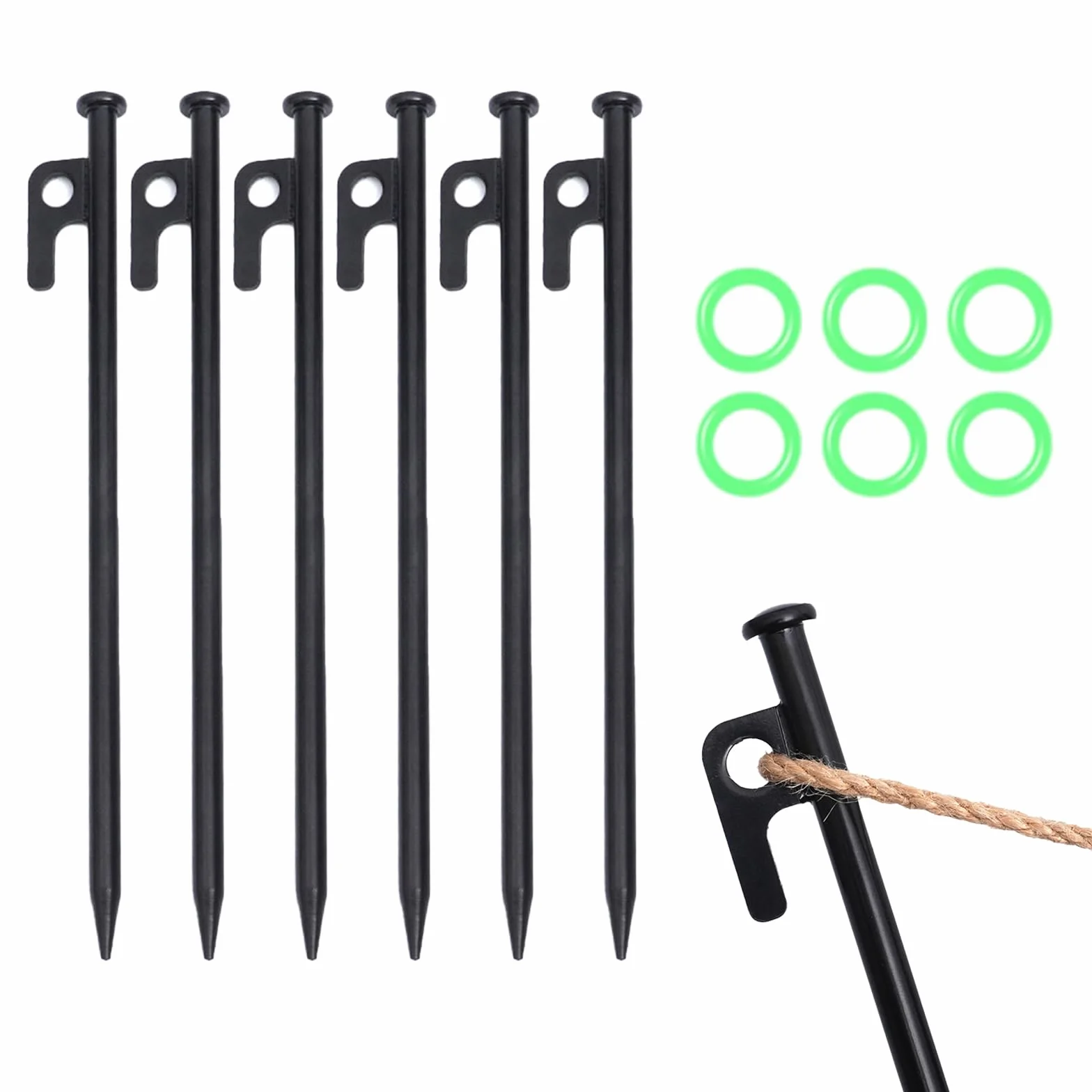 Piquetas de Tienda Antiviento 25 cm Acero Anillos Luminosos Juego 6 Camping