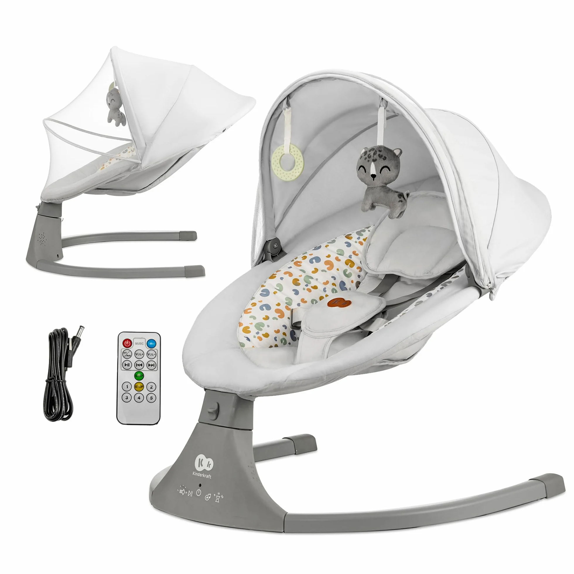 Kinderkraft Hamaca LUMI 2, Columpio eléctrico para bebés, Desde el nacimiento hasta los 9 meses, Altura regulable, 5 modos, 12 melodías, Arco con juguetes, Gris claro