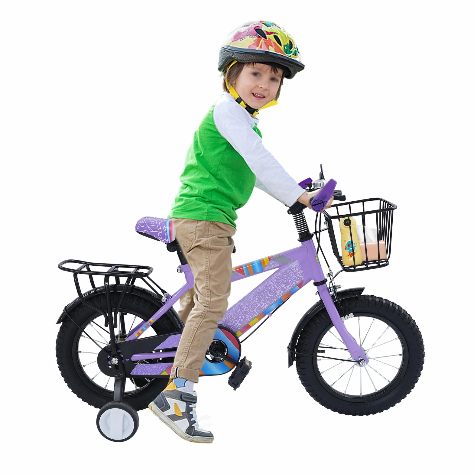 Bicicleta infantil 14 pulgadas con asiento trasero y cesta, ruedas estabilizadoras, altura regulable, acero resistente
