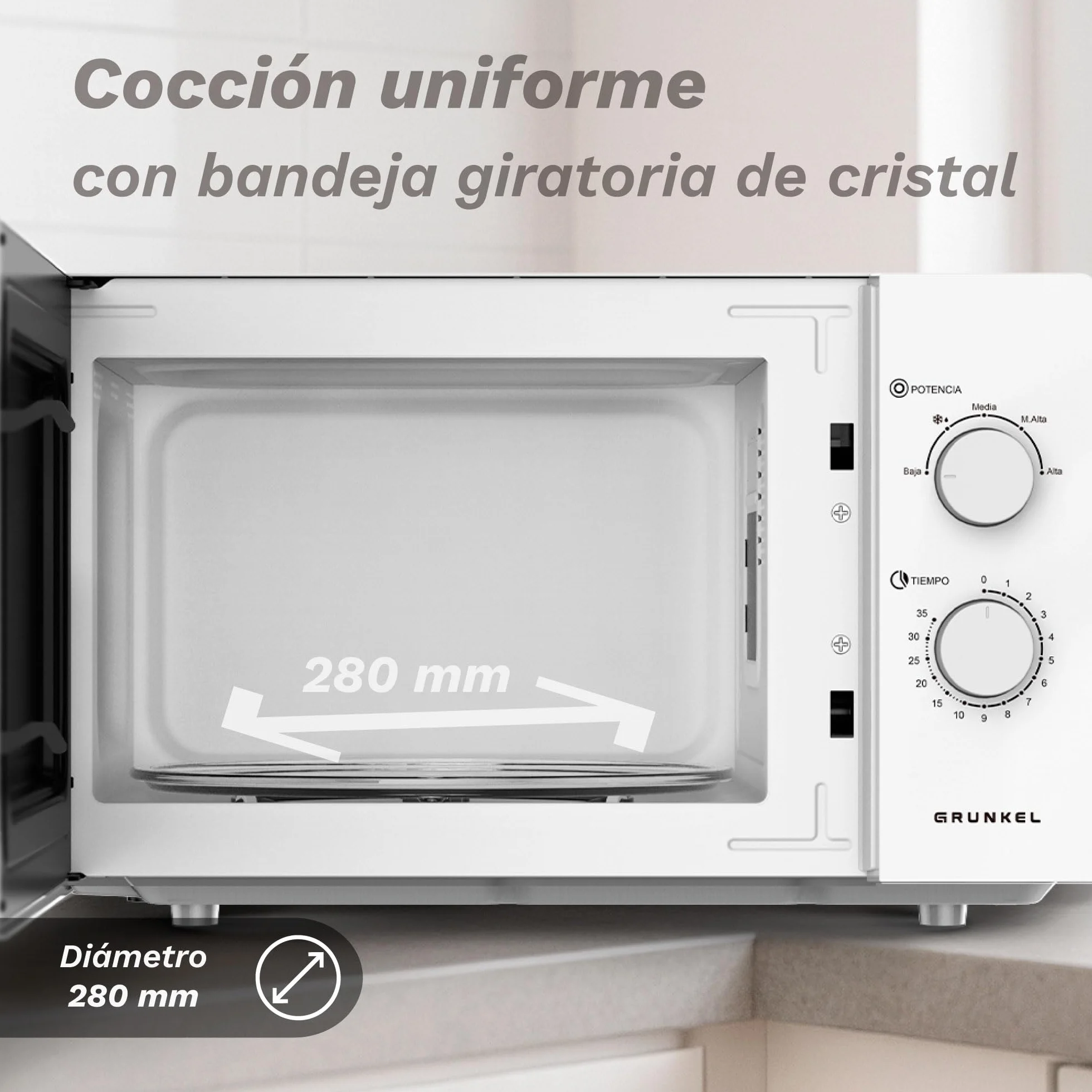 Microondas sin Grill básico de 25 Litros, 850w de potencia Sencillo, temporizador 30min. 5 potencias y descongelación. Fácil de usar