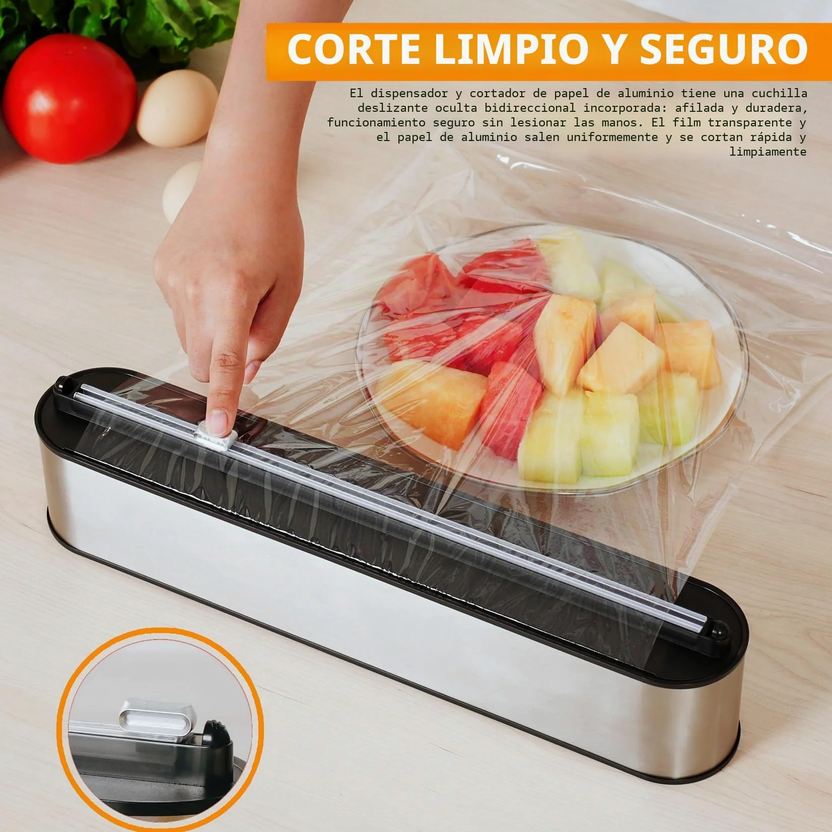 Dispensador Papel Aluminio y Film - Montaje Magnético & Pared sin Taladrar, Cortador Film Transparente, Corte Preciso, Organizador Cocina Profesional - 2 rollos de 100 m, Acero Inox Plata