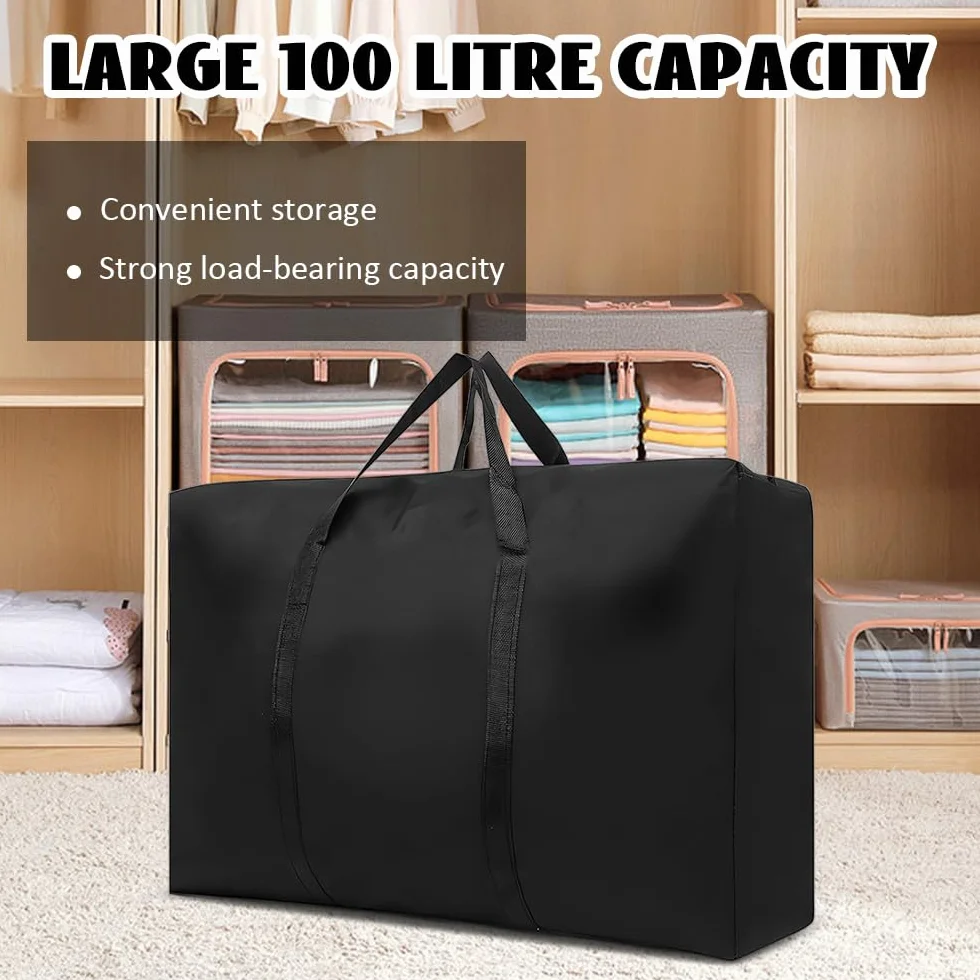 Zyren 2 bolsa de mudanza de 100 l, con cremallera, color negro Oxford, impermeable, para almohadas, ropa y ropa de cama, almacenamiento de mudanzas
