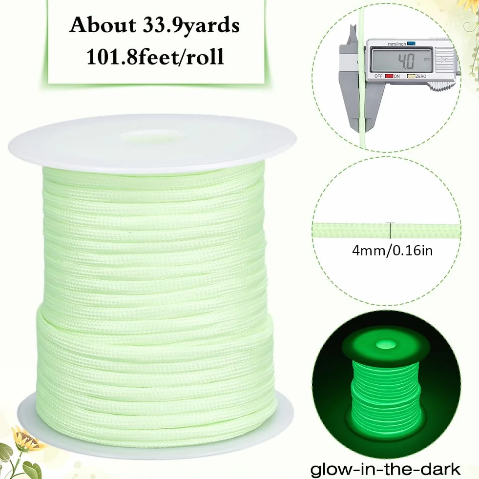 Cuerda de Paracaídas 102 Metros 31 pie Que Brilla en la Oscuridad Kit Paracord Poliéster Verde 4mm Multifuncional Luminoso Carrete Manualidades
