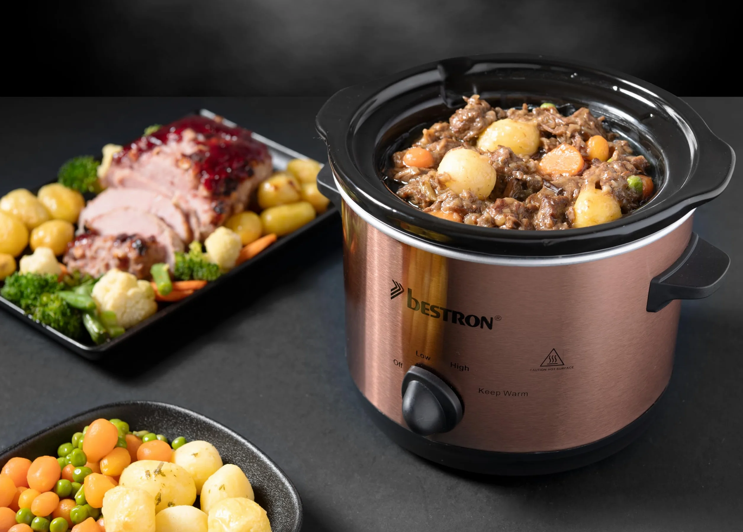 Bestron Slowcooker 1.5 L Olla de Cocción Lenta Cerámica 3 Niveles Cobre