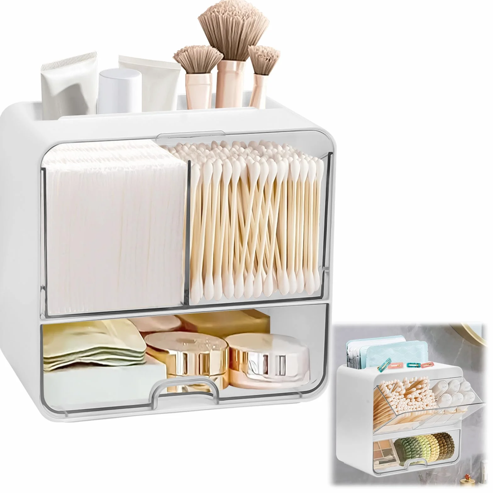 Qivine Organizador de Compresas, Caja para Guardar Tampones y Compresas con 4 Compartimentos, Dispensador de Almohadillas de Algodón con Tapa Transparente , para Baño, Tocador, Salón