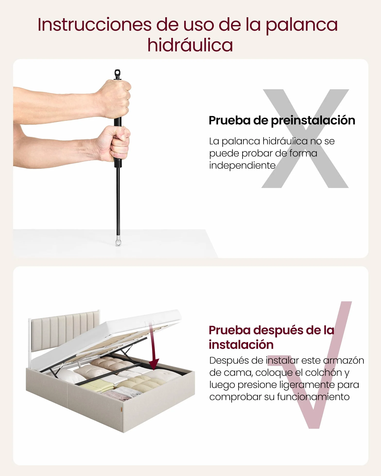 VASAGLE Estructura de Cama, 160 x 200 cm, Cama Elevable, 2 Personas, con Almacenaje, Cabecero, Sistema Hidráulico, Moderno y Minimalista, Fácil Montaje, Beige Capuchino RMB615LH01
