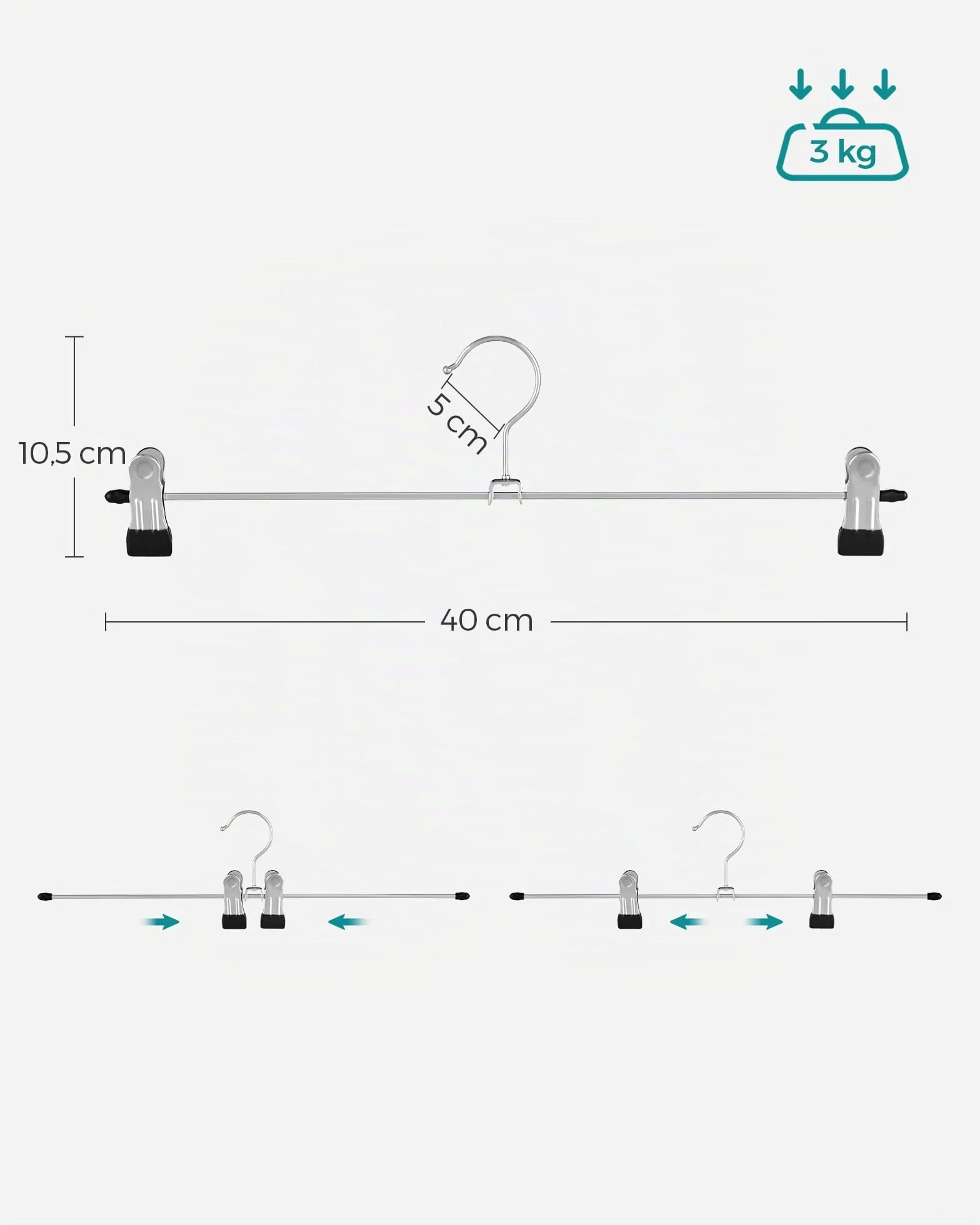 SONGMICS Perchas Metálicas para Pantalones, Juego de 20, Perchas con Pinzas, 40 cm de Largo, Perchas Antideslizantes para Ropa, Faldas, Calcetines, Gromado, Plata Metálico y Negro Tinta CRI006-20