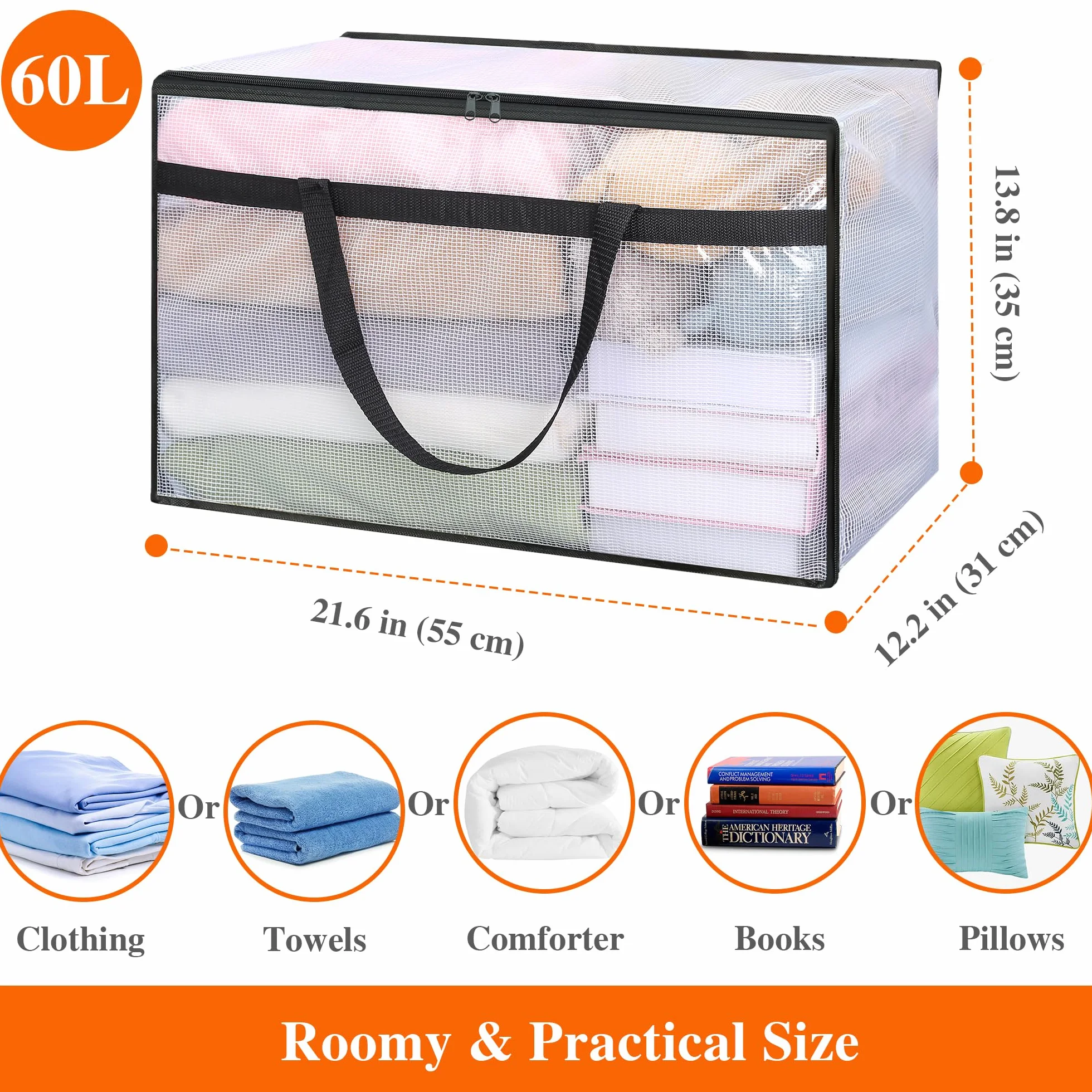 Vieshful 3 Piezas 60L Bolsas de Almacenaje Transparentes con Cremallera y Asas, Bolsas Plásticas para Edredones, Mantas, Ropa de Bebé, Mudanza y Almacenaje Bajo la Cama