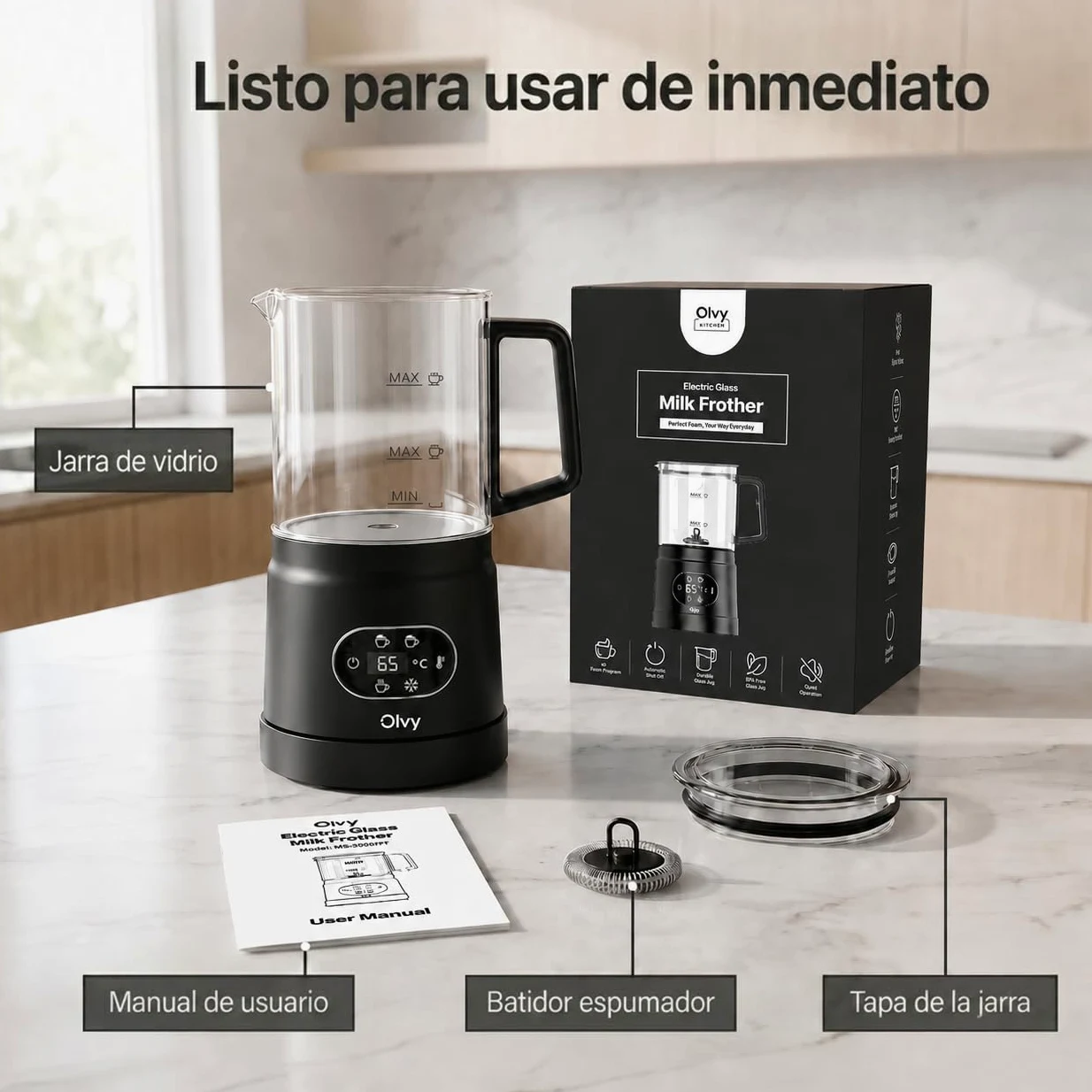 Olvy Espumador de Leche Eléctrico 500W 3en1 Caliente Frío Calentamiento Negro