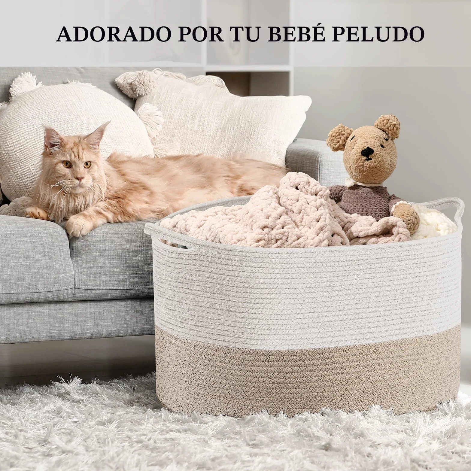 Maliton Cesta de Almacenaje de Algodón 50x50x33cm Grande Blanco Marrón