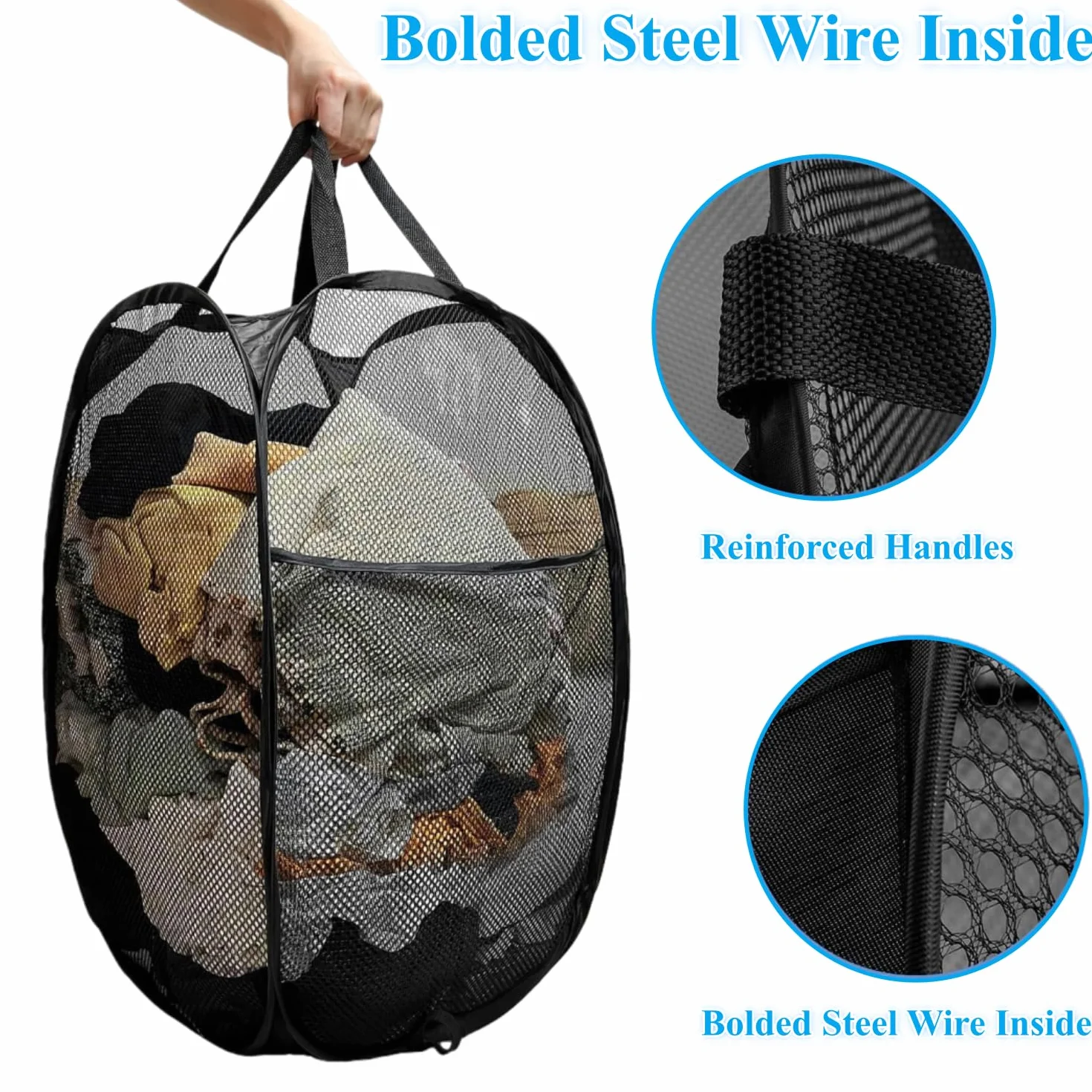 cestas plegables para la ropa sucia,36 x 36 x 58 Cesta de lavandería plegable Pop-Up Malla Cesto de Ropa con Asas para viajes de negocios,viajes y camping (negro)