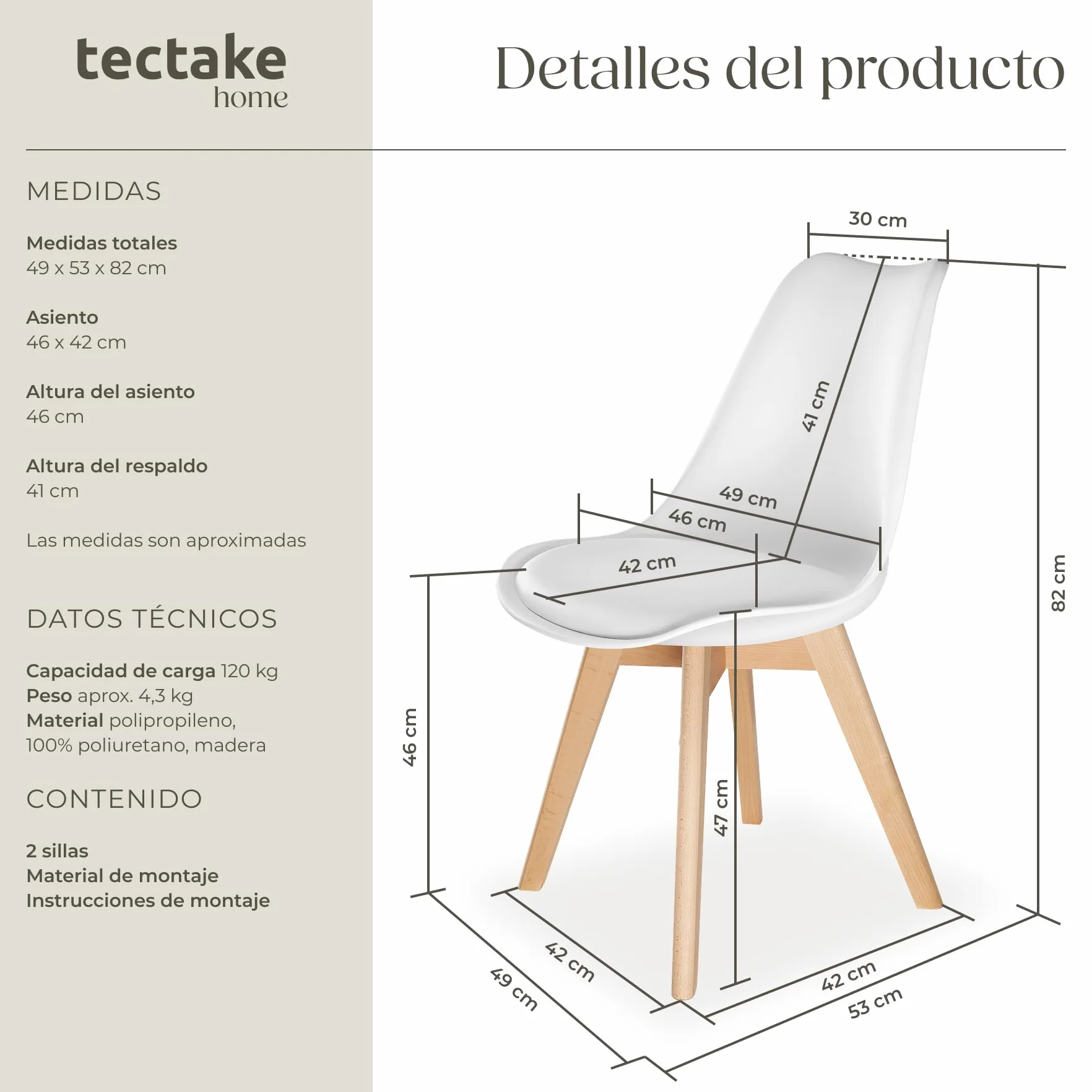 tectake® Sillas de Comedor, Muebles Comedor con Diseño Nórdico, Conjunto Sillas Cocina, Asiento Acolchado Silla Ergonómica, Mueble Cocina Moderno - Set de 2 Blanco