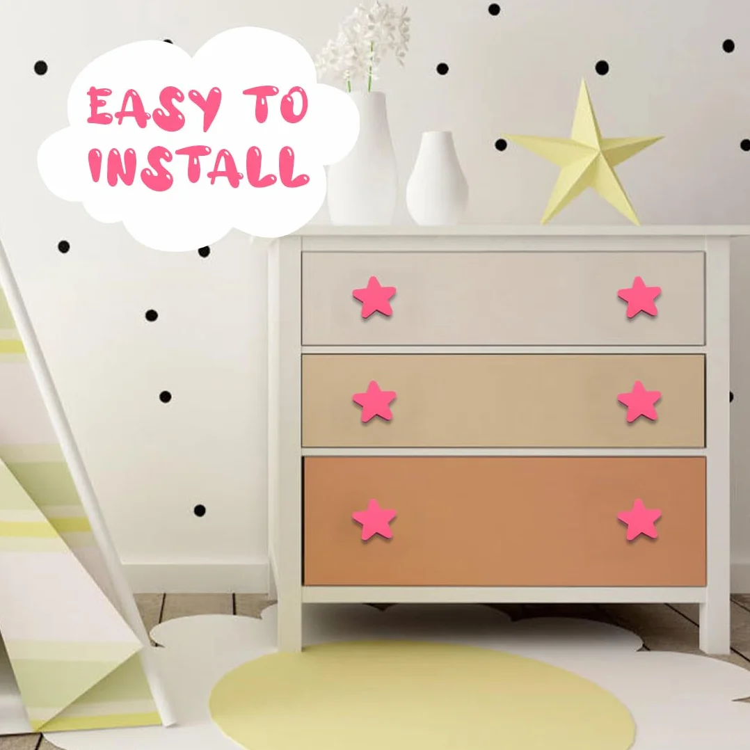 6 Pomo Infantil Estrella Acabado Lacado Medida,Tirador Estrella,Ideal para decoración Infantil (Rosa)