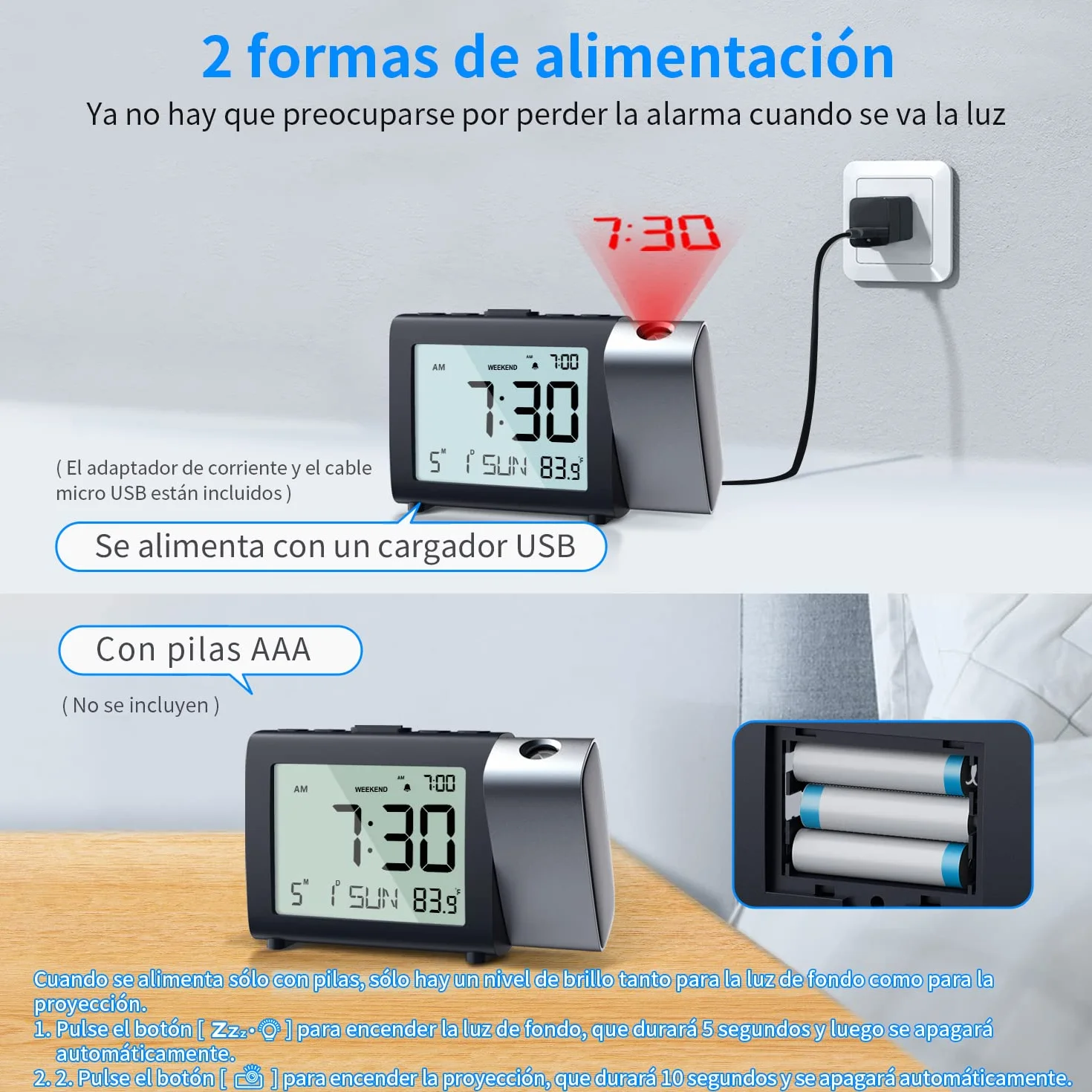 Reloj despertador de proyección digital: Pantalla LCD clara con temperatura fecha 12/24H y modo fin de semana, brillo y volumen ajustables, Reloj a pilas para niños ancianos dormitorio (Rojo)