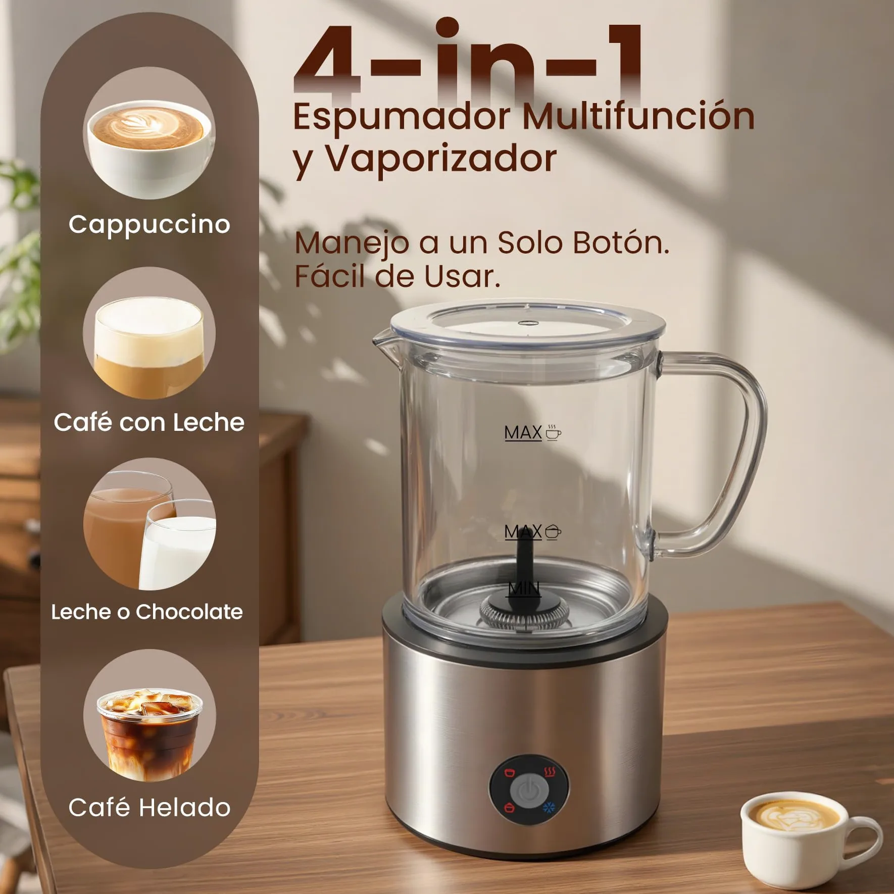 Espumador de Leche 4 en 1, Calienta leche Espumador Electrico 500ml Silenciosa, Calentador de Leche Inducción Automáticas con Desmontable Vaso de Vidrio, para Capuchino, Chocolate